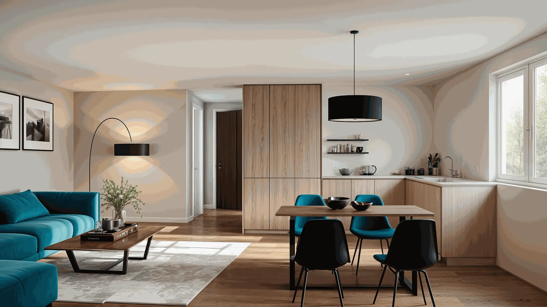 Modernes Wohn- und Esszimmer mit blauem Ecksofa, Holztisch, schwarzem Essbereich für vier Personen und Küche mit hellen Holzfronten.