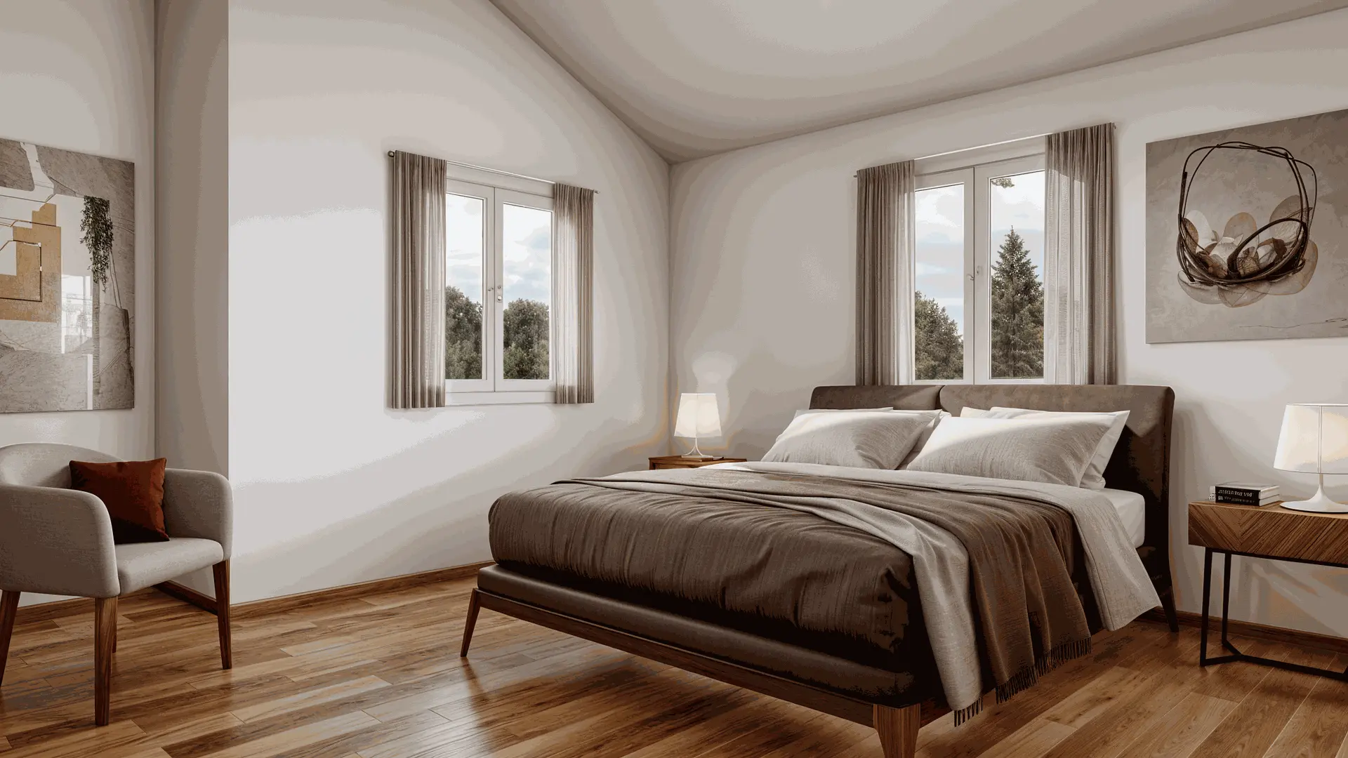 Modernes Schlafzimmer mit Holzboden, grossem Bett mit weisser und brauner Bettwäsche, Nachttischen mit Lampen und zwei Fenstern mit Vorhängen.