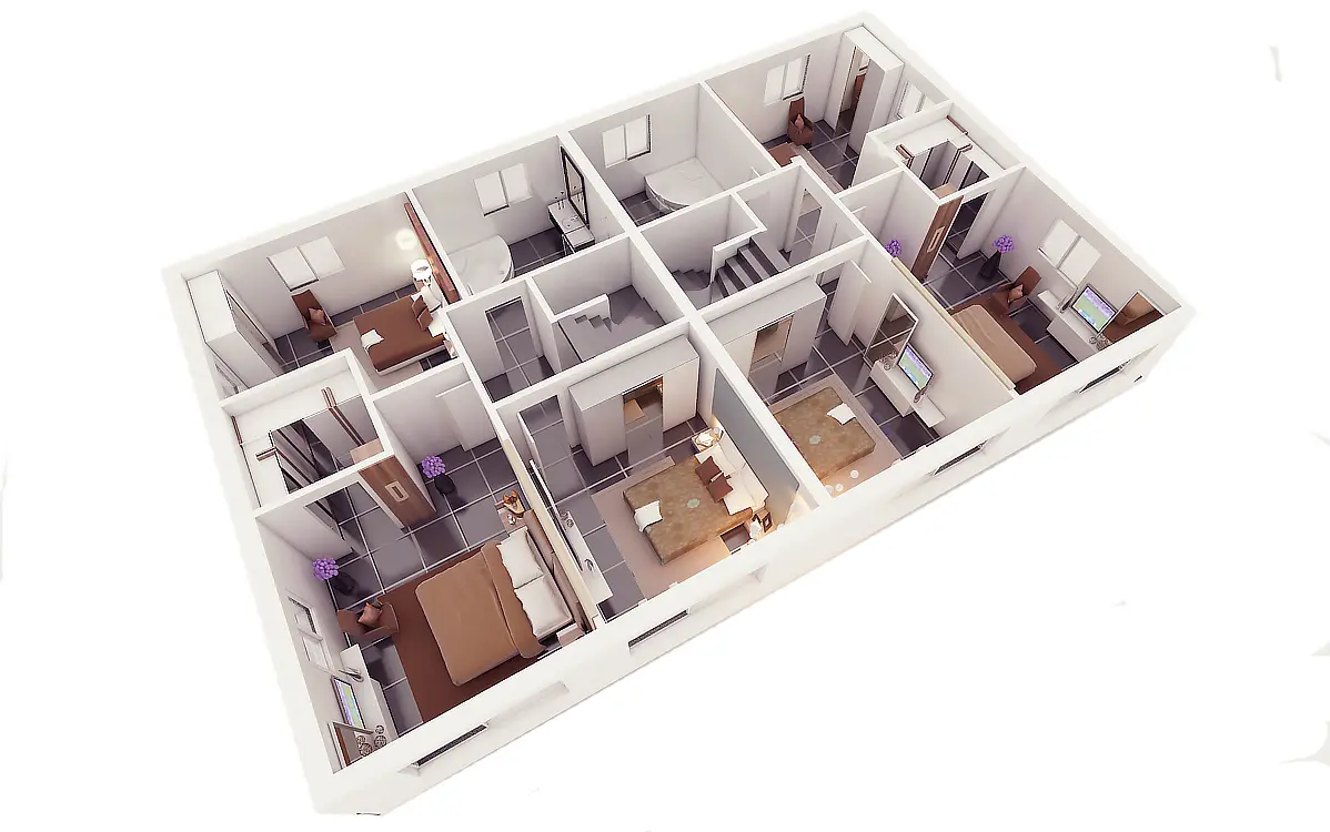Grundrissvisualisierung eines Einfamilienhauses mit vier Schlafzimmern, Wohnzimmer, Küche und drei Badezimmern.