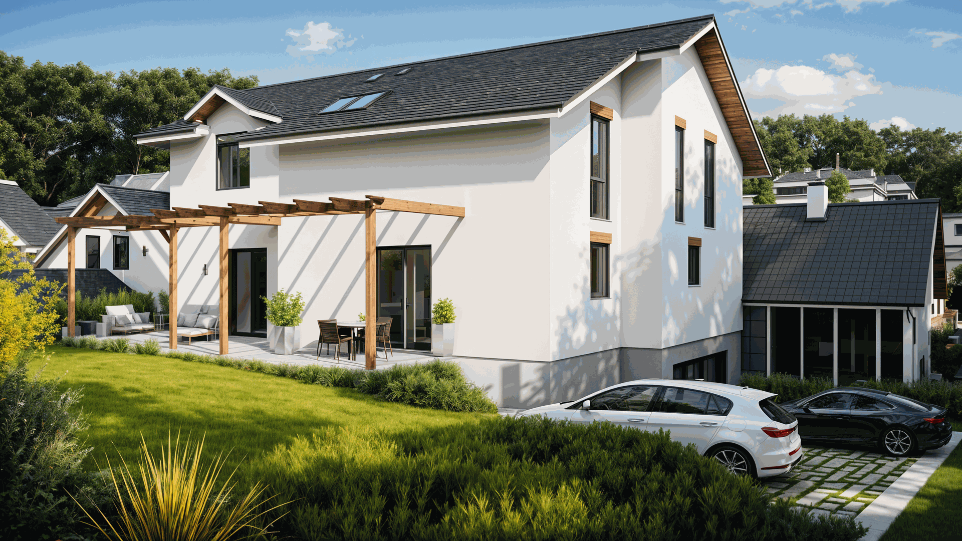 Fotorealistische Aussenvisualisierung eines modernen Einfamilienhauses mit Auto und Garten – hochwertige Architektur-Renderings für Baugesuche, Immobilienmarketing und Investorenpräsentationen.