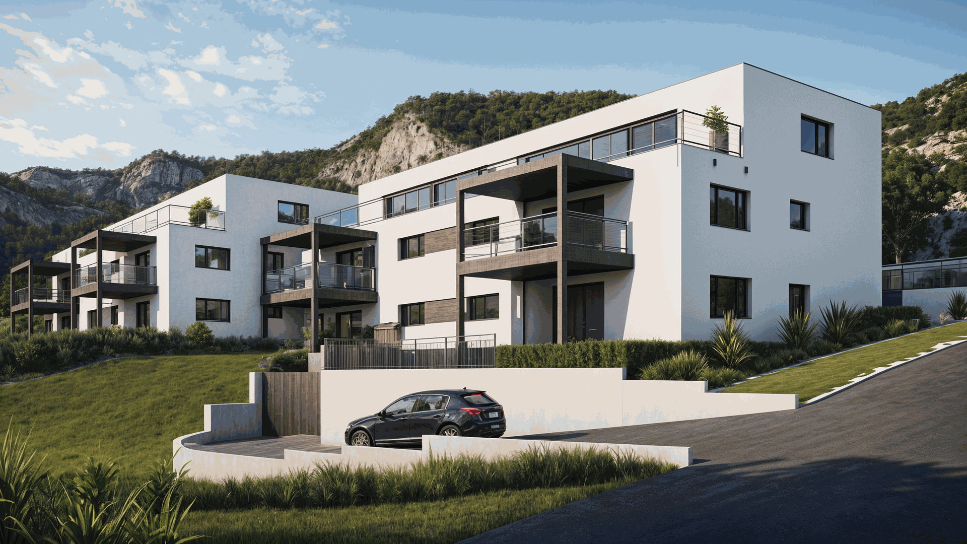 Fotorealistische Aussenvisualisierung eines modernen Mehrfamilienhauses mit Flachdach in der Schweiz.