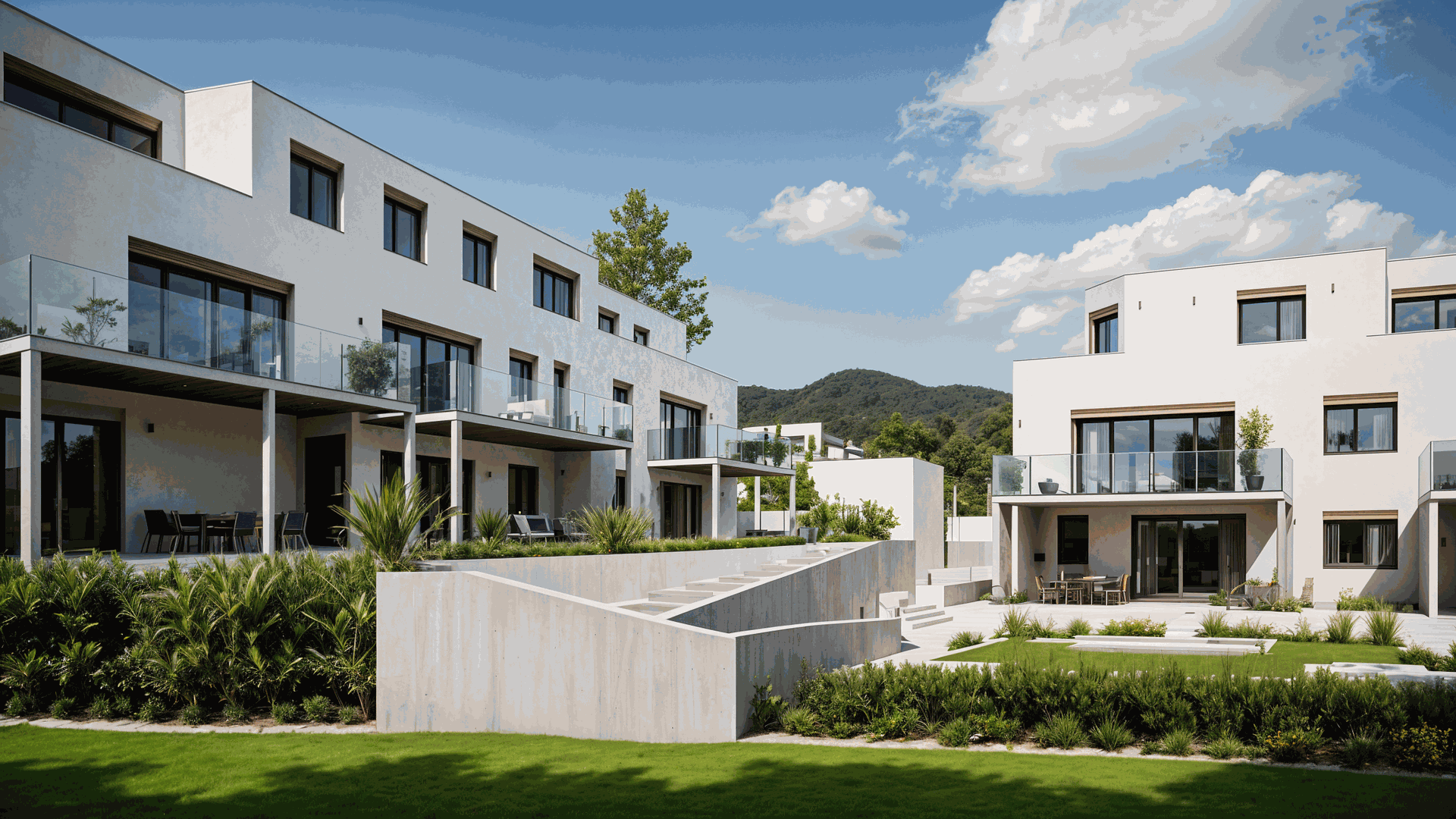 Rendering eines modernen Mehrfamilienhauses mit Balkonen und Bergkulisse im Hintergrund.