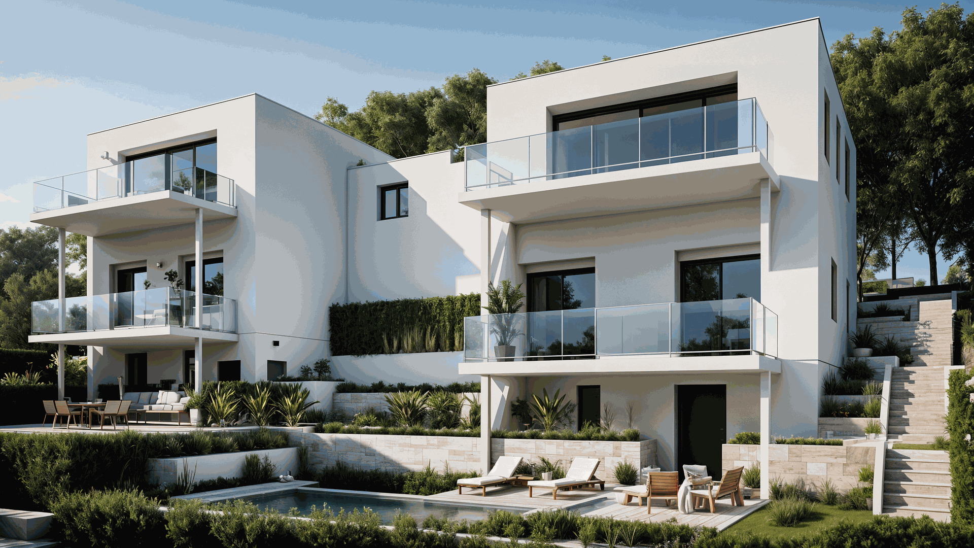 Rendering von zwei modernen Einfamilienhäusern mit grossen Glasfronten und Terrassen.