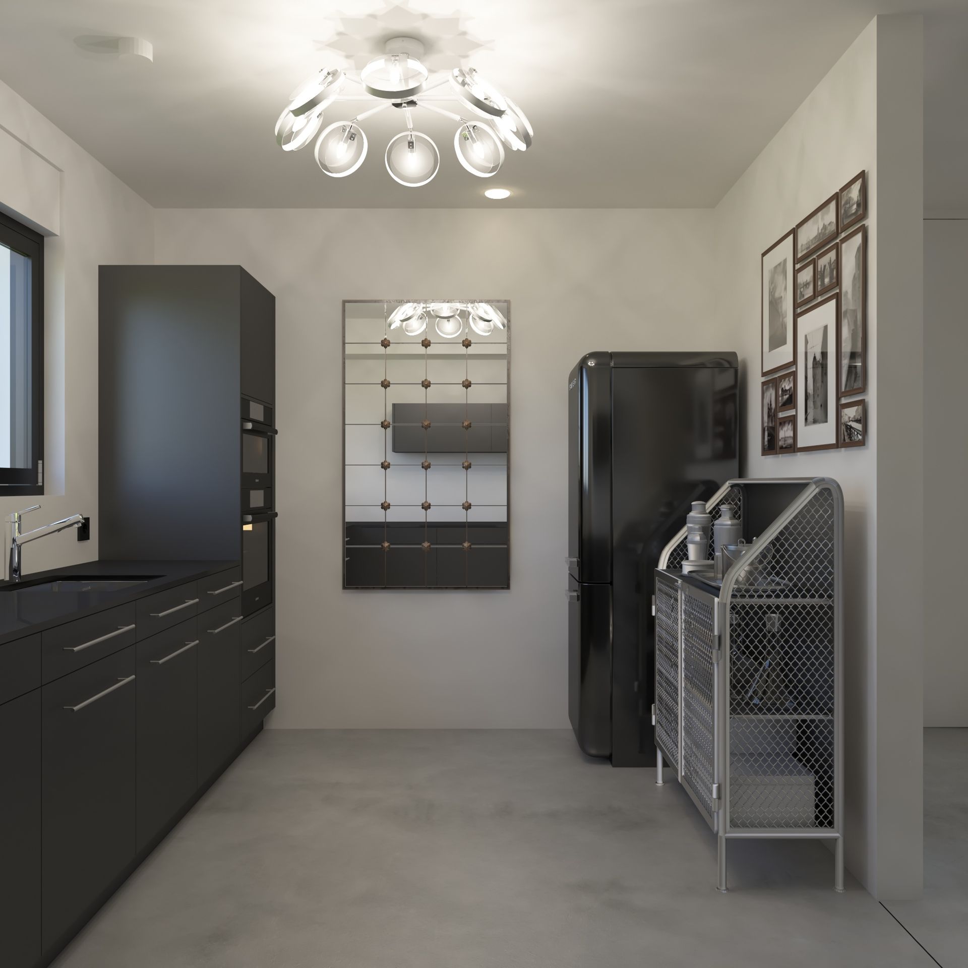 Innenvisualisierung – Moderne Küche mit dunklem Design Moderne Küche mit dunklen Schränken, schwarzem Kühlschrank, Metallregal und grossem Spiegel an der Wand.