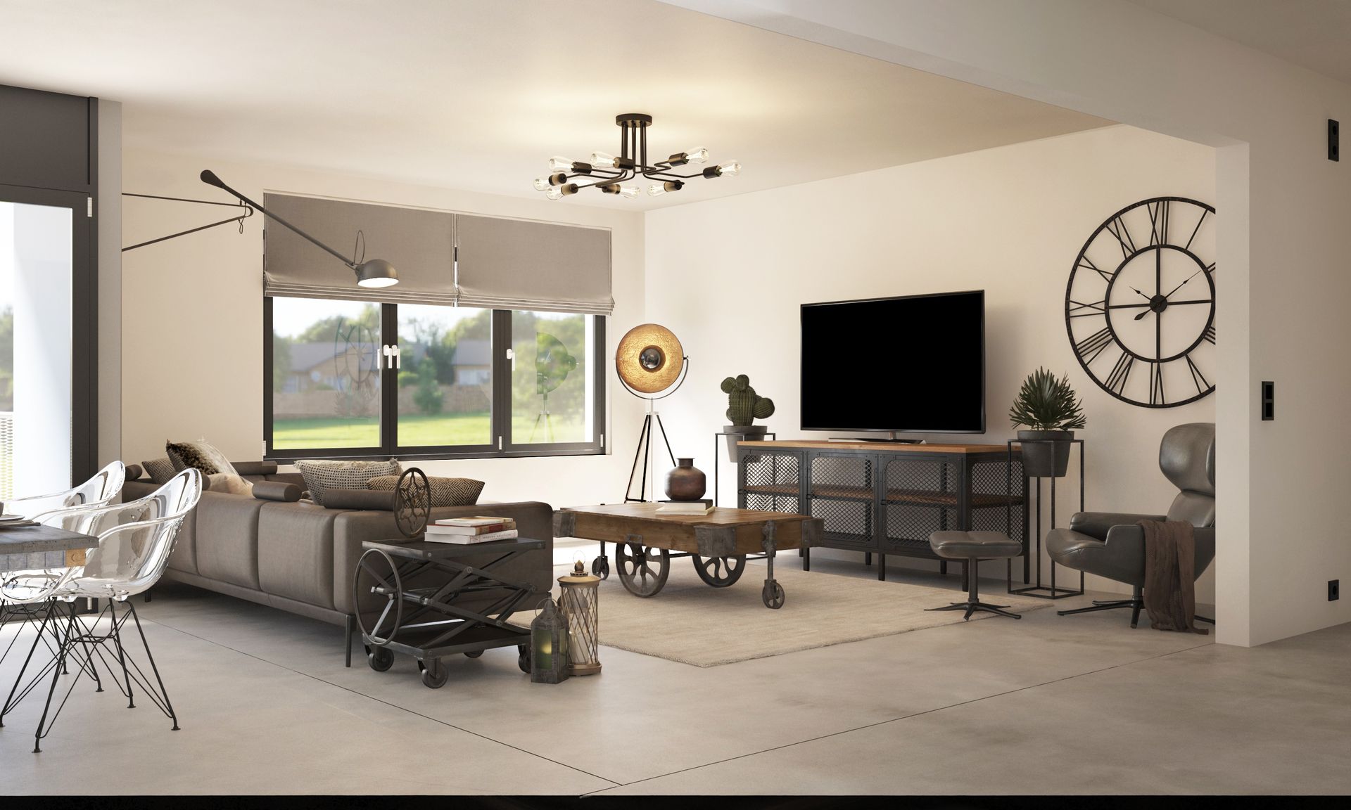 Innenvisualisierung – Wohnzimmer mit Industriestil und Essbereich Modernes Wohnzimmer mit grauem Ecksofa, Couchtisch auf Rollen, grossem Fenster, TV-Möbel im Industriestil und Essbereich mit Tisch und Stühlen.