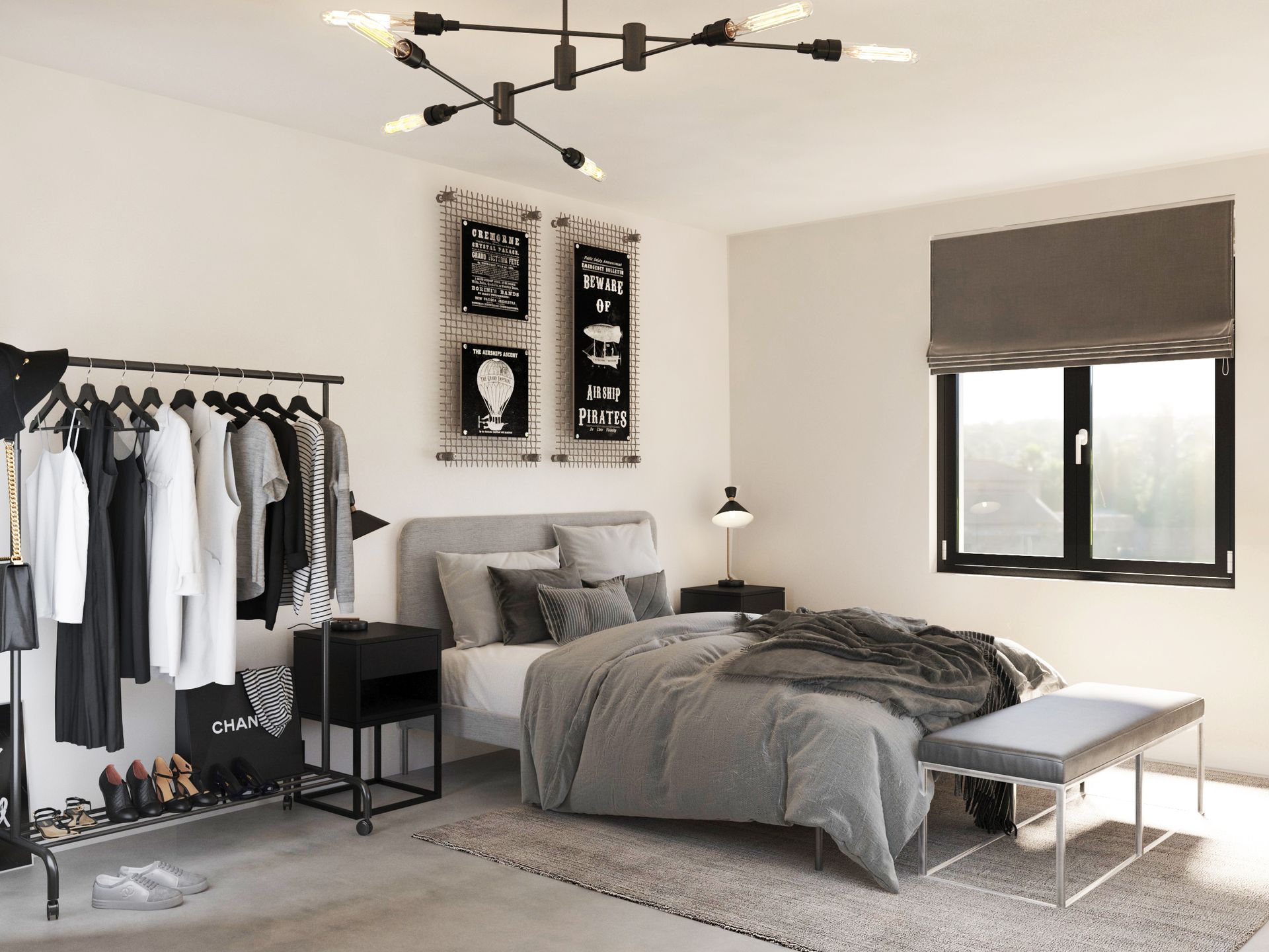 Innenvisualisierung – Modernes Schlafzimmer mit minimalistischem Design Modernes Schlafzimmer mit grauer Bettwäsche, Bank am Fussende, Nachttisch mit Lampe, offenem Kleiderständer und Wandbildern über dem Bett.