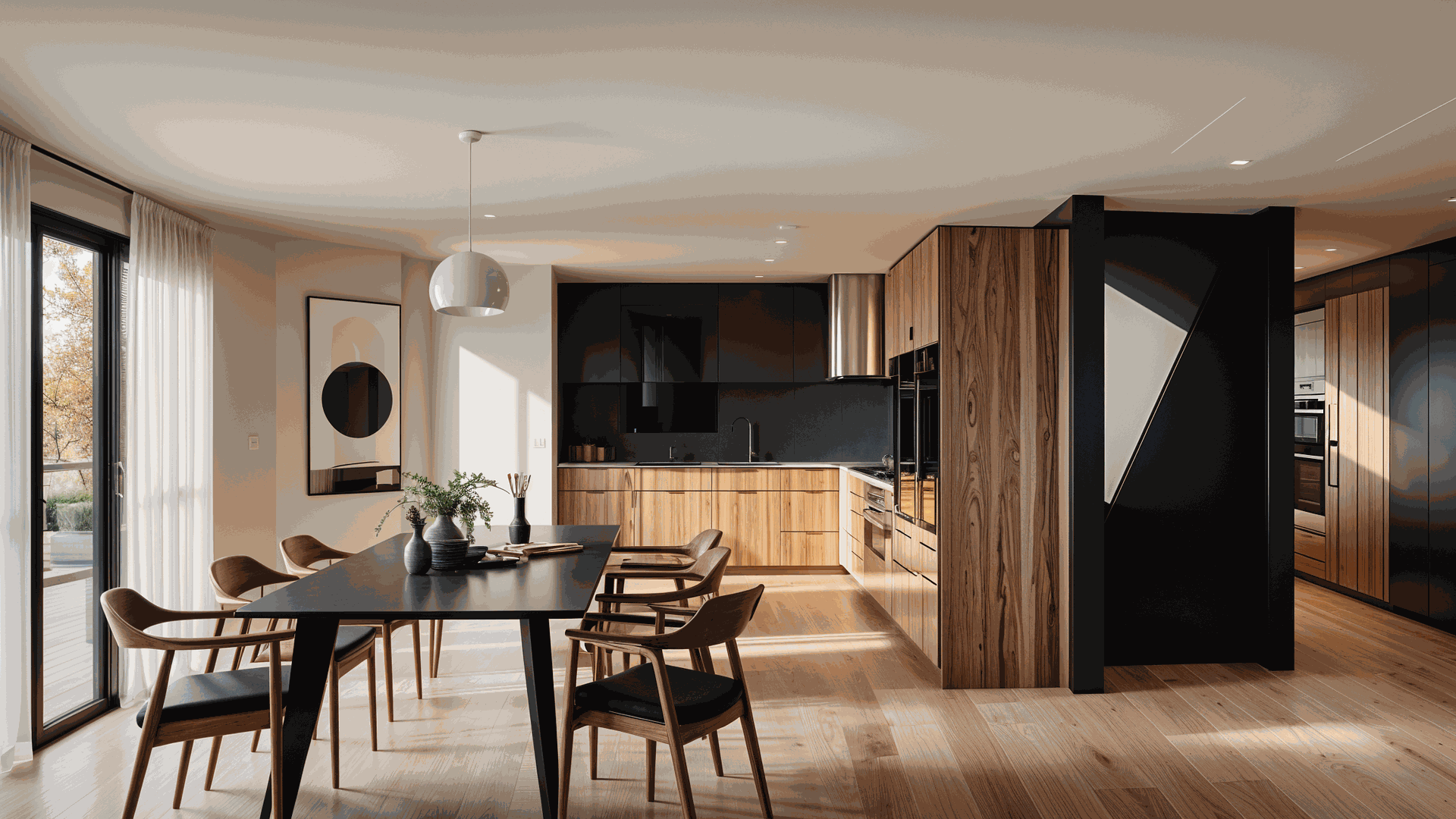 Innenvisualisierung – Moderne Küche mit Essbereich Moderne Küche mit Holzboden, schwarzen Arbeitsflächen, Einbaugeräten und Essbereich mit schwarzem Tisch, sechs Stühlen und Hängelampe.