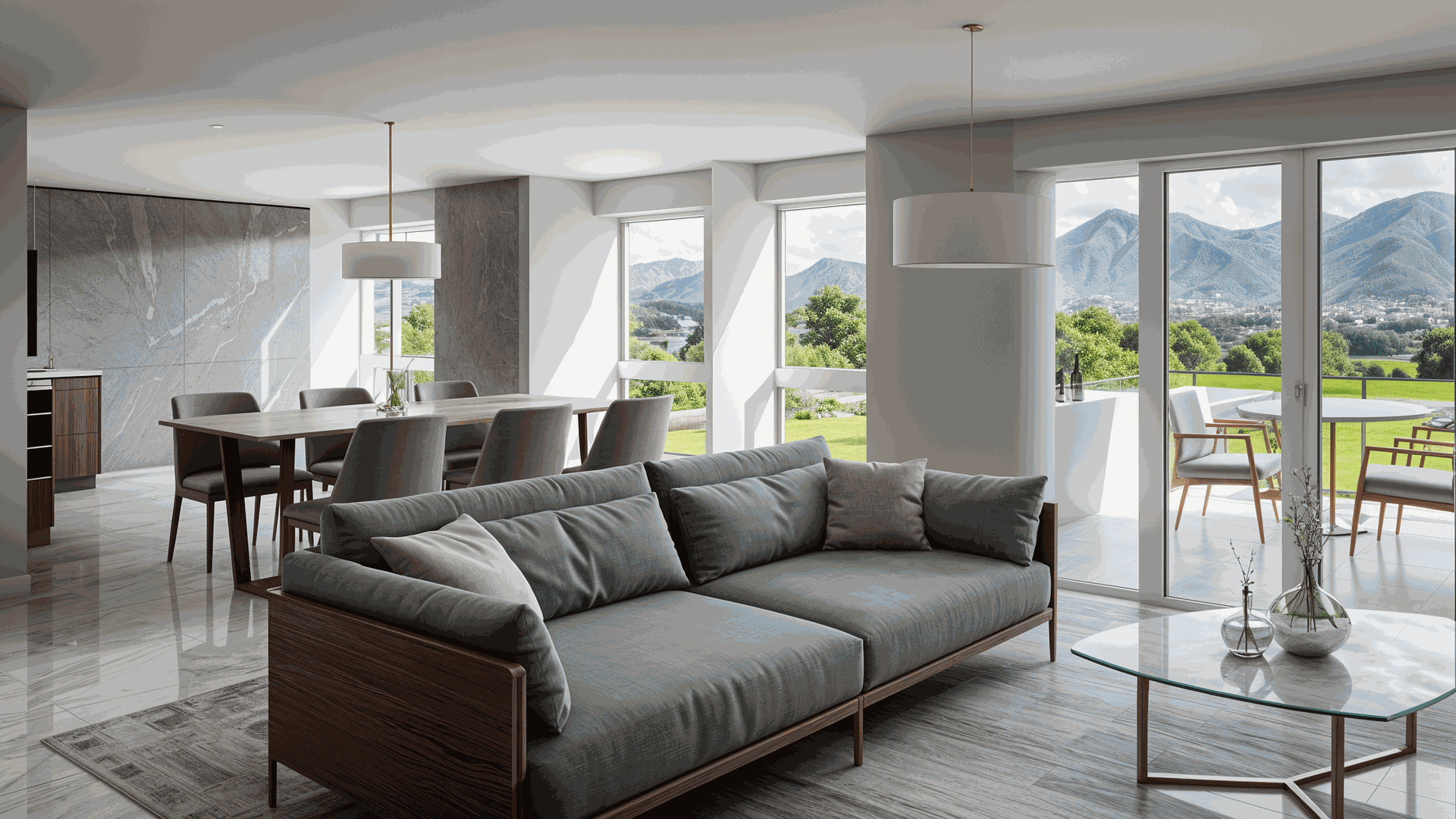 Innenvisualisierung – Offener Wohn- und Essbereich mit Panoramablick Modernes, offenes Wohn- und Esszimmer mit grossem Fenster, Bergsicht, grauem Sofa, Glastisch und Holztisch im Essbereich.