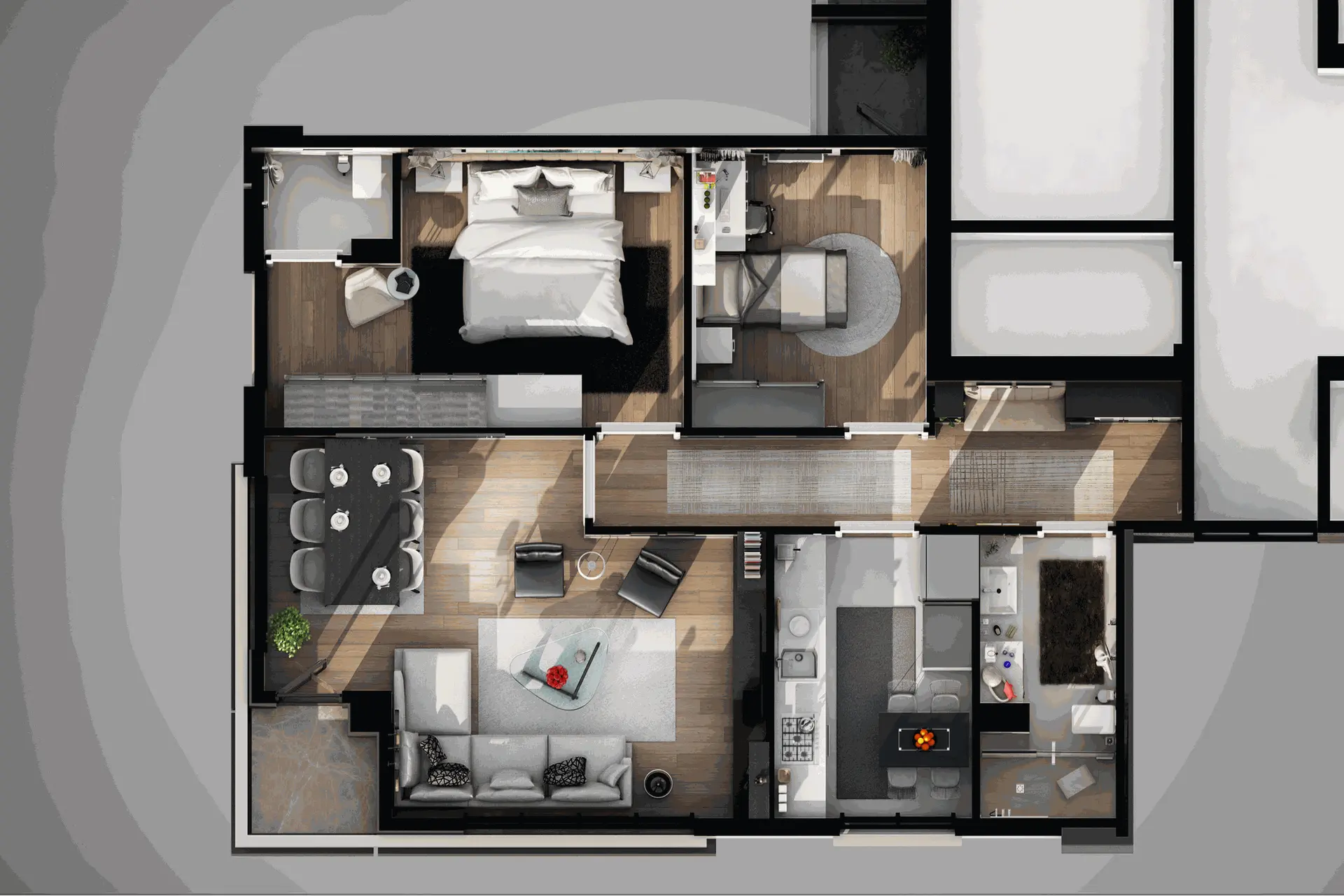 3D-Grundrissvisualisierung einer Wohnung mit drei Schlafzimmern, Wohnzimmer, Küche und zwei Badezimmern.