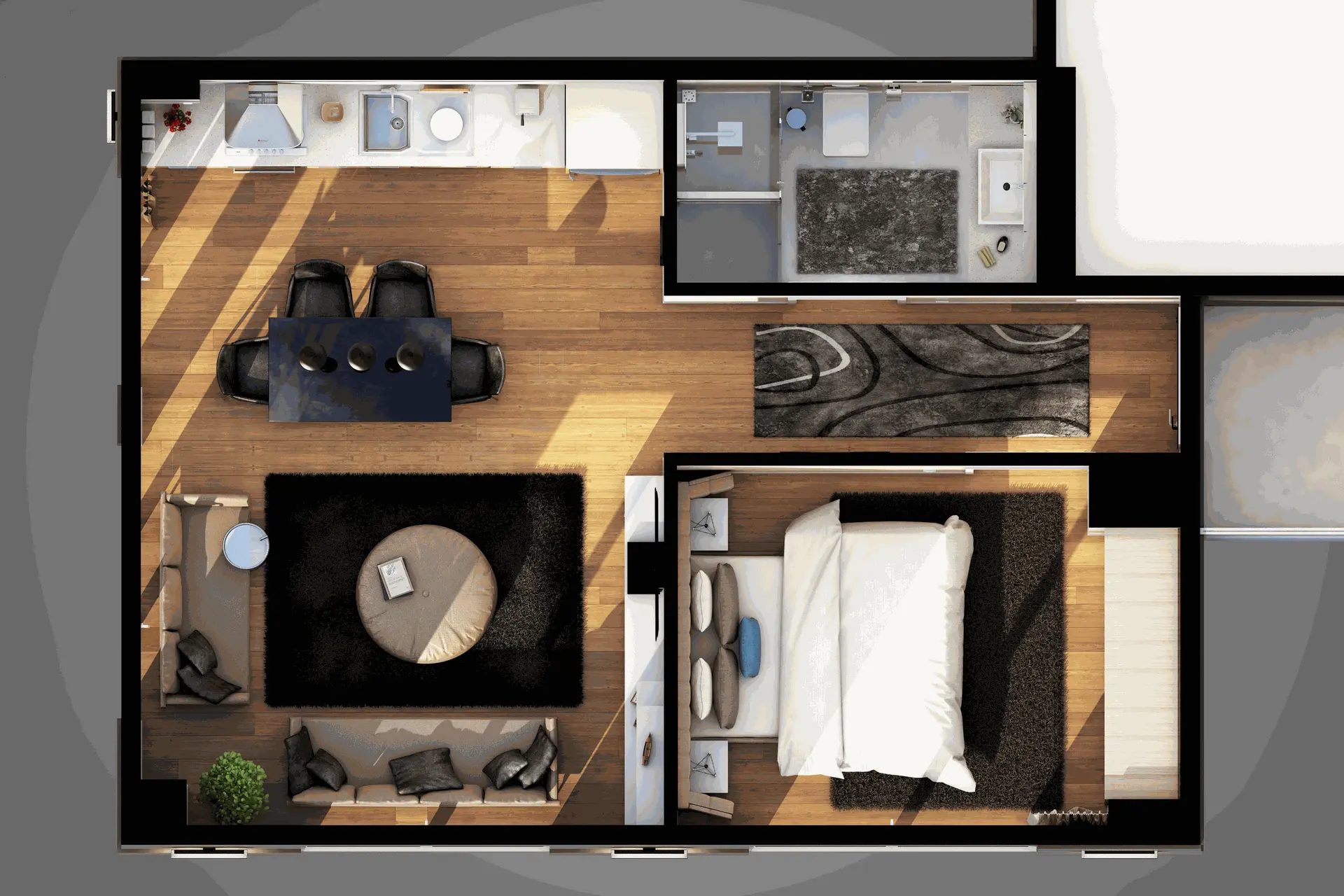 2D-Grundrissvisualisierung einer kompakten Wohnung mit einem Schlafzimmer, Wohnzimmer, Küche und Badezimmer.