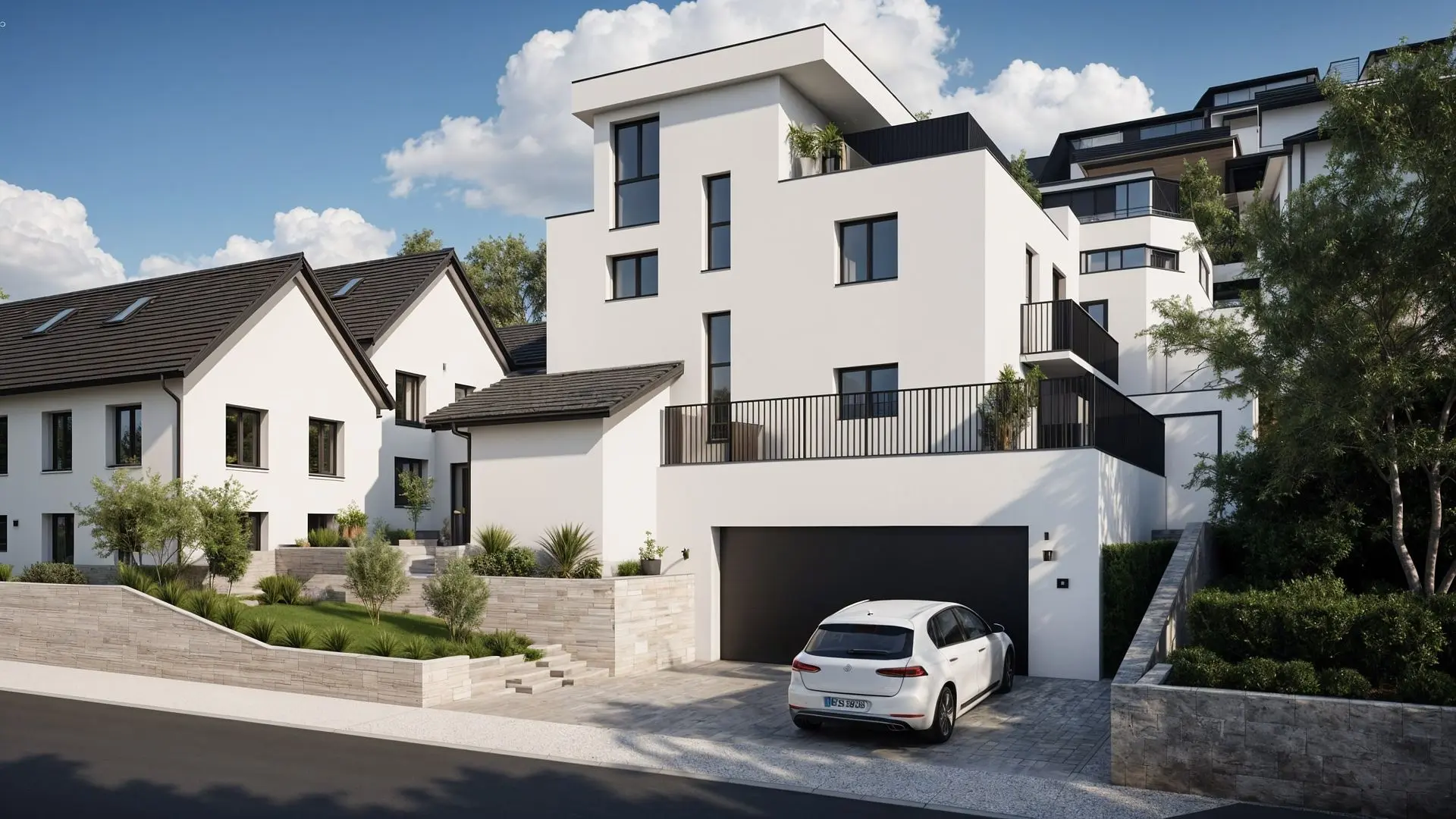 Modernes Wohnhaus in gehobenem Quartier mit zeitgemässer Architektur. Weisses, mehrstöckiges Wohnhaus mit grossen Fenstern und klaren Linien, davor ein parkiertes Auto in der Einfahrt. Gepflegte Umgebung mit Grünflächen und Steinmauern in einem modernen Wohnquartier.