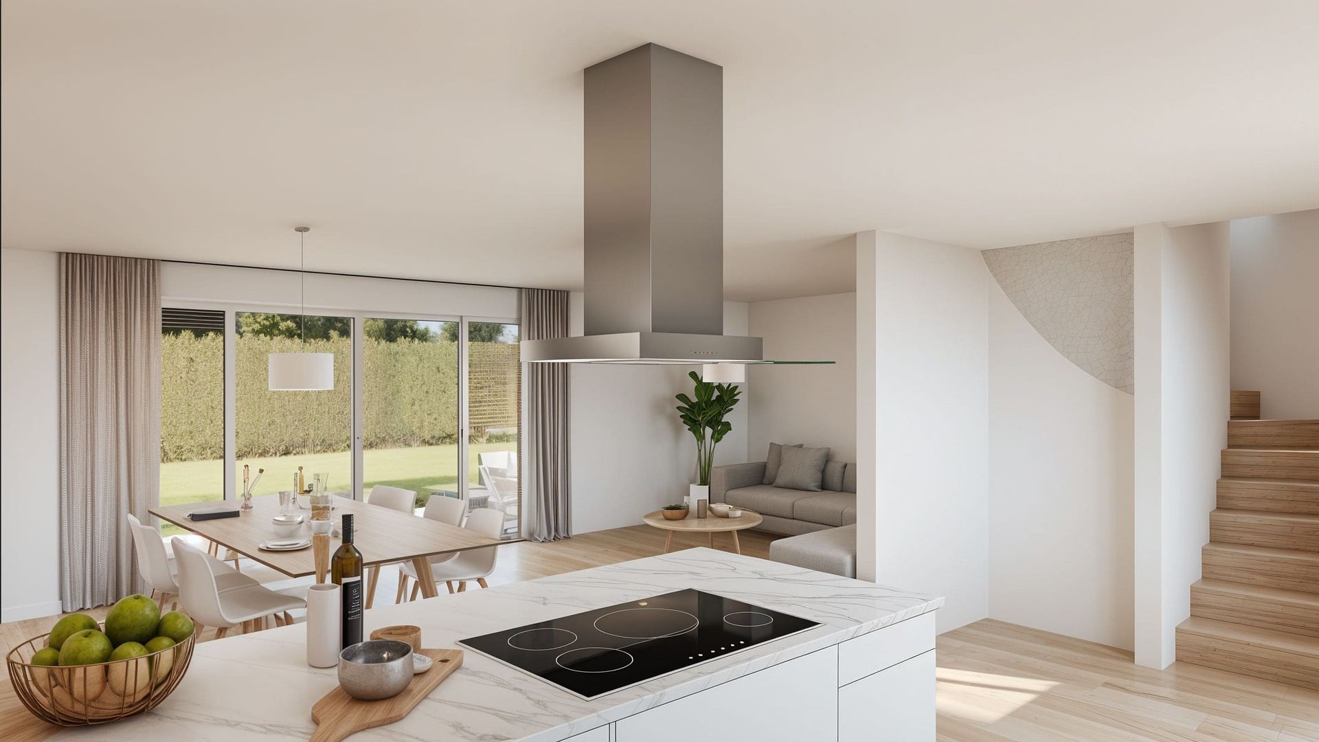 Helle Wohnküche mit moderner Ausstattung und Gartenblick Moderne offene Küche mit Kochinsel, Essbereich und großen Fenstern zum Garten