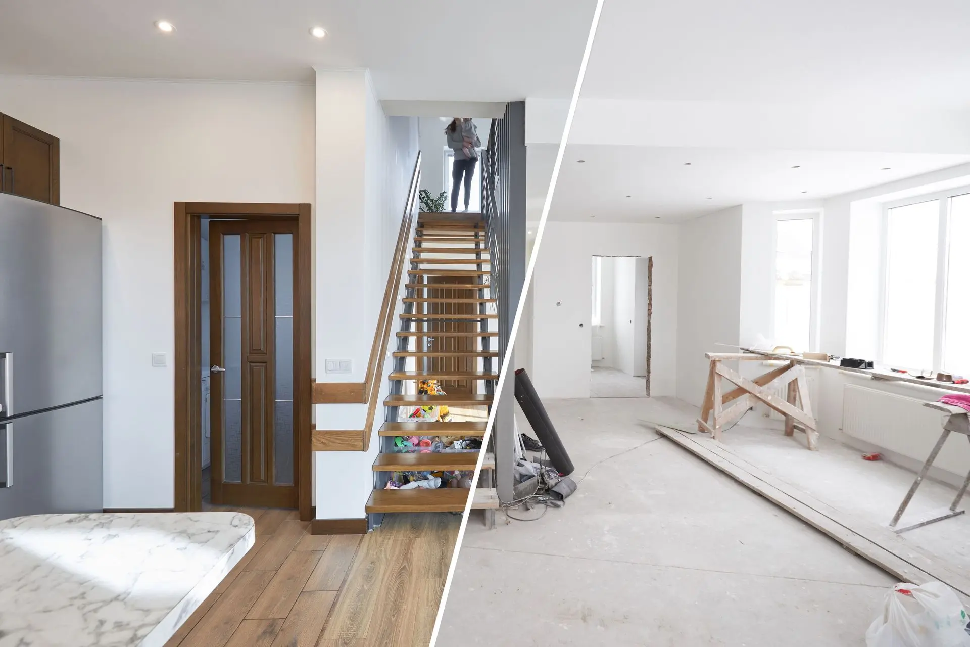 Wohnraum mit Treppe und Holzfussboden nach digitaler Renovation