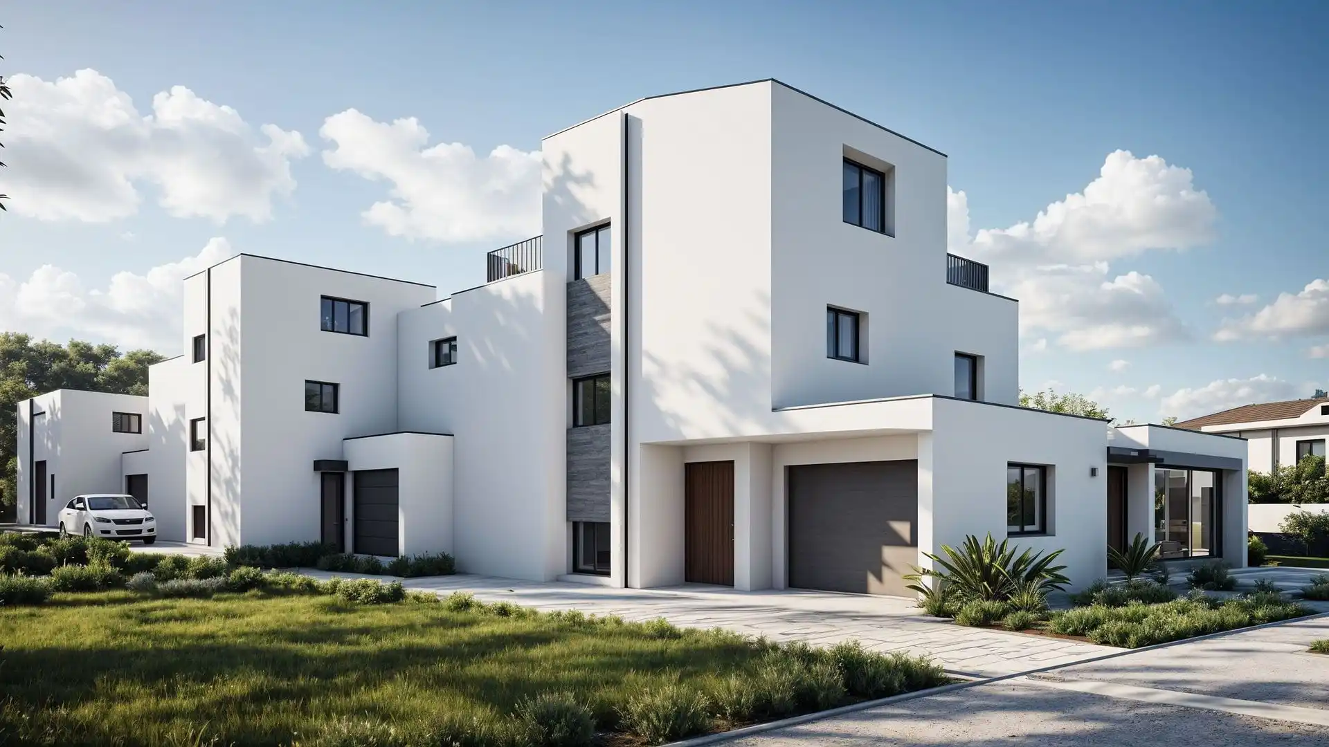 Zeitgemässe Wohnüberbauung mit Flachdächern und grossen Fensterfronten in grüner Umgebung. Moderne, weiss verputzte Wohnhäuser mit Flachdach, grosszügigen Fensterflächen und gepflegtem Umschwung unter blauem Himmel.
