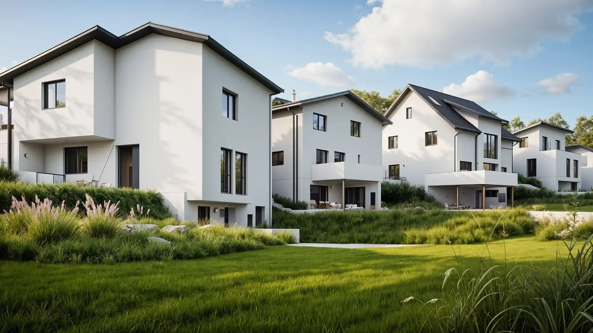oderne zweistöckige Wohnhäuser mit weißen Fassaden und gepflegter Grünanlage unter leicht bewölktem Himmel