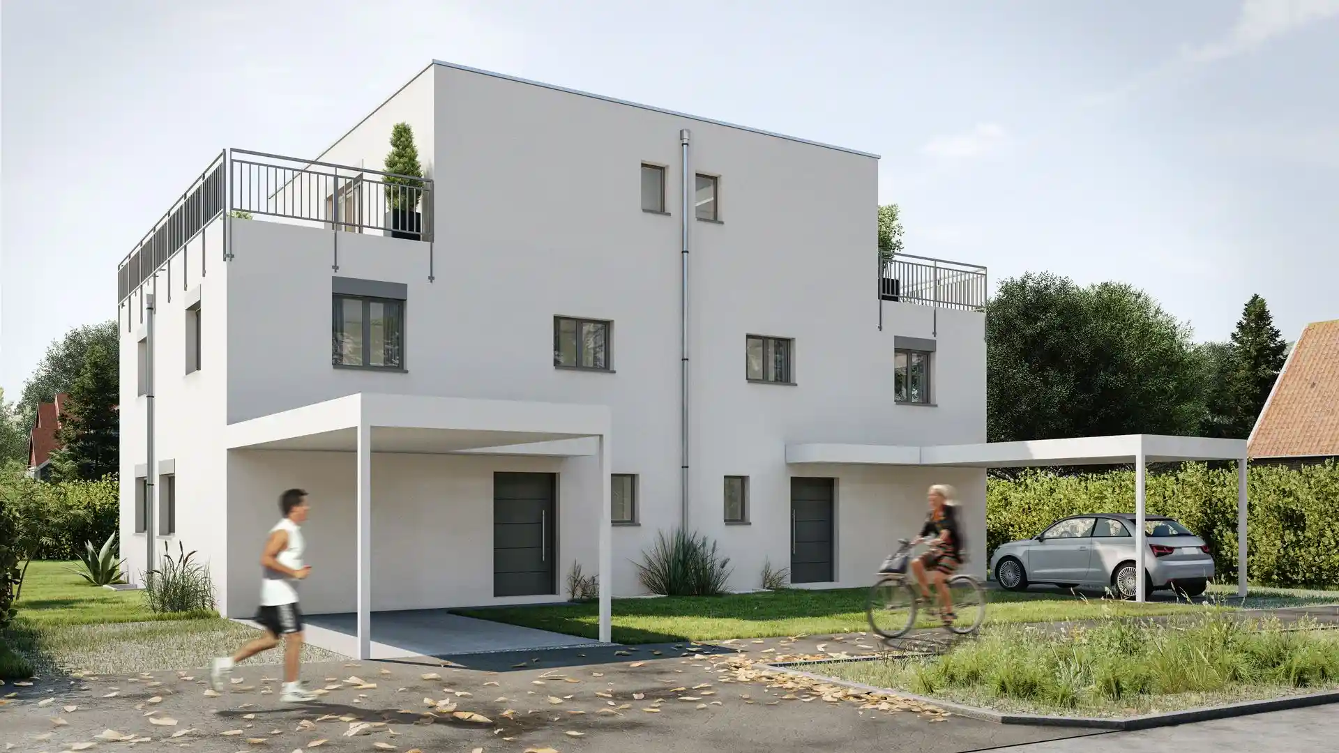Modernes zweistöckiges Haus mit Flachdach, großen Fenstern und überdachtem Eingang. Eine Person geht vor dem Haus, eine andere fährt mit dem Fahrrad vorbei. Die Umgebung zeigt Grünflächen und geparkte Autos.