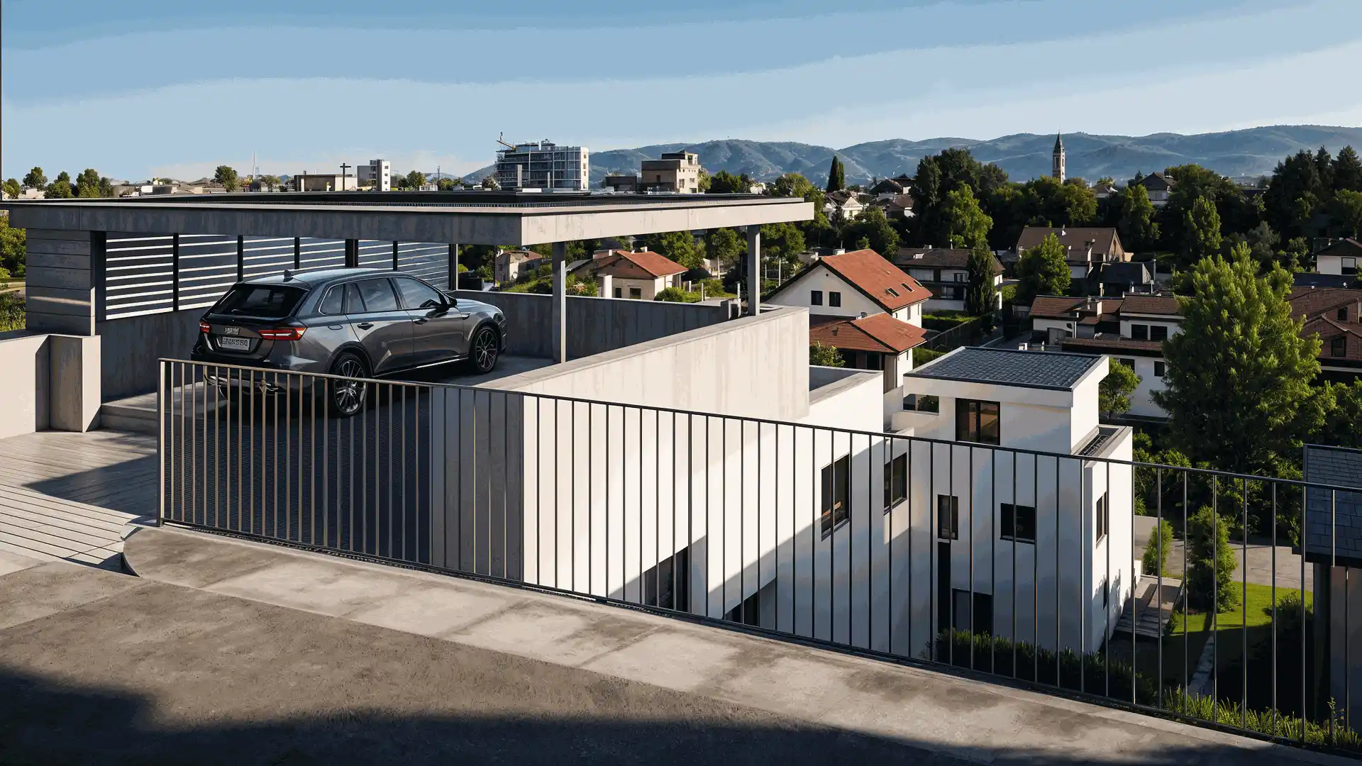 Fotorealistische Aussenvisualisierung eines modernen Carports mit Solarpanels und Wohnhäusern im Hintergrund.