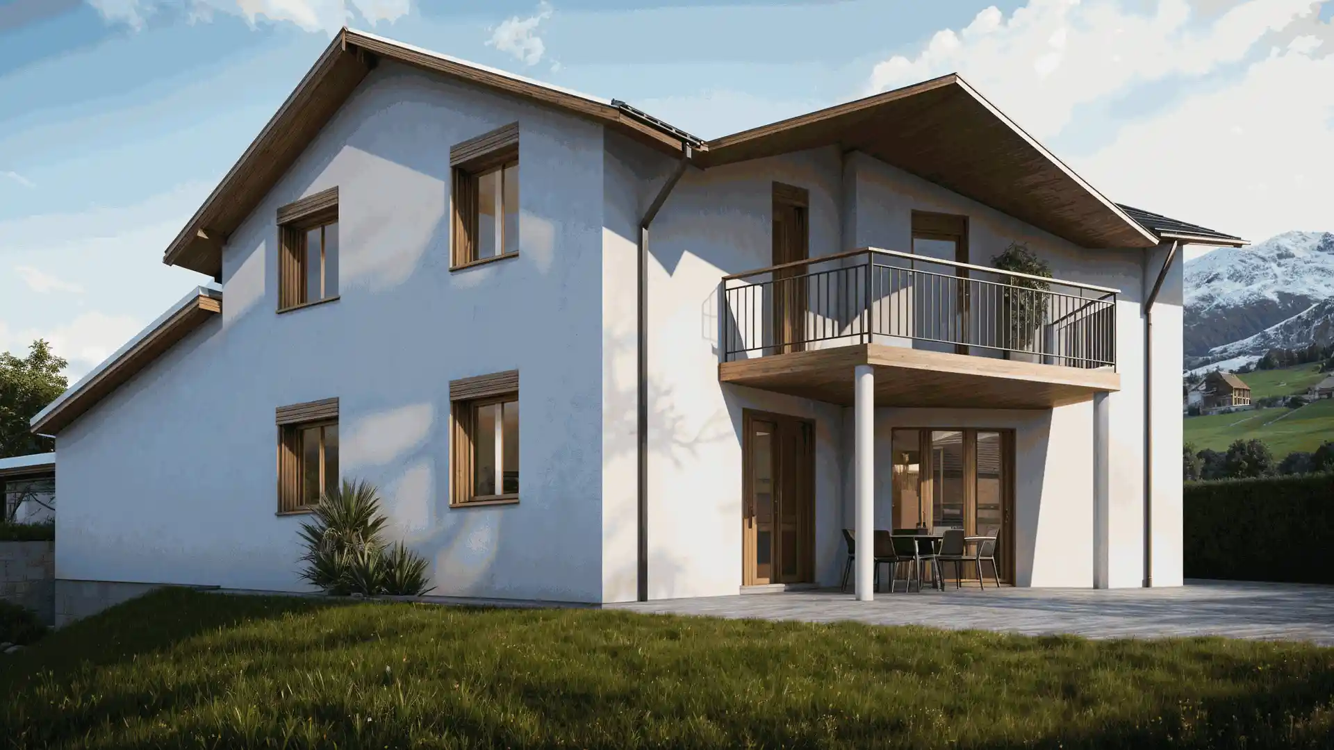 Fotorealistische Aussenvisualisierung eines modernen Wohngebäudes mit Balkonen und Berglandschaft.