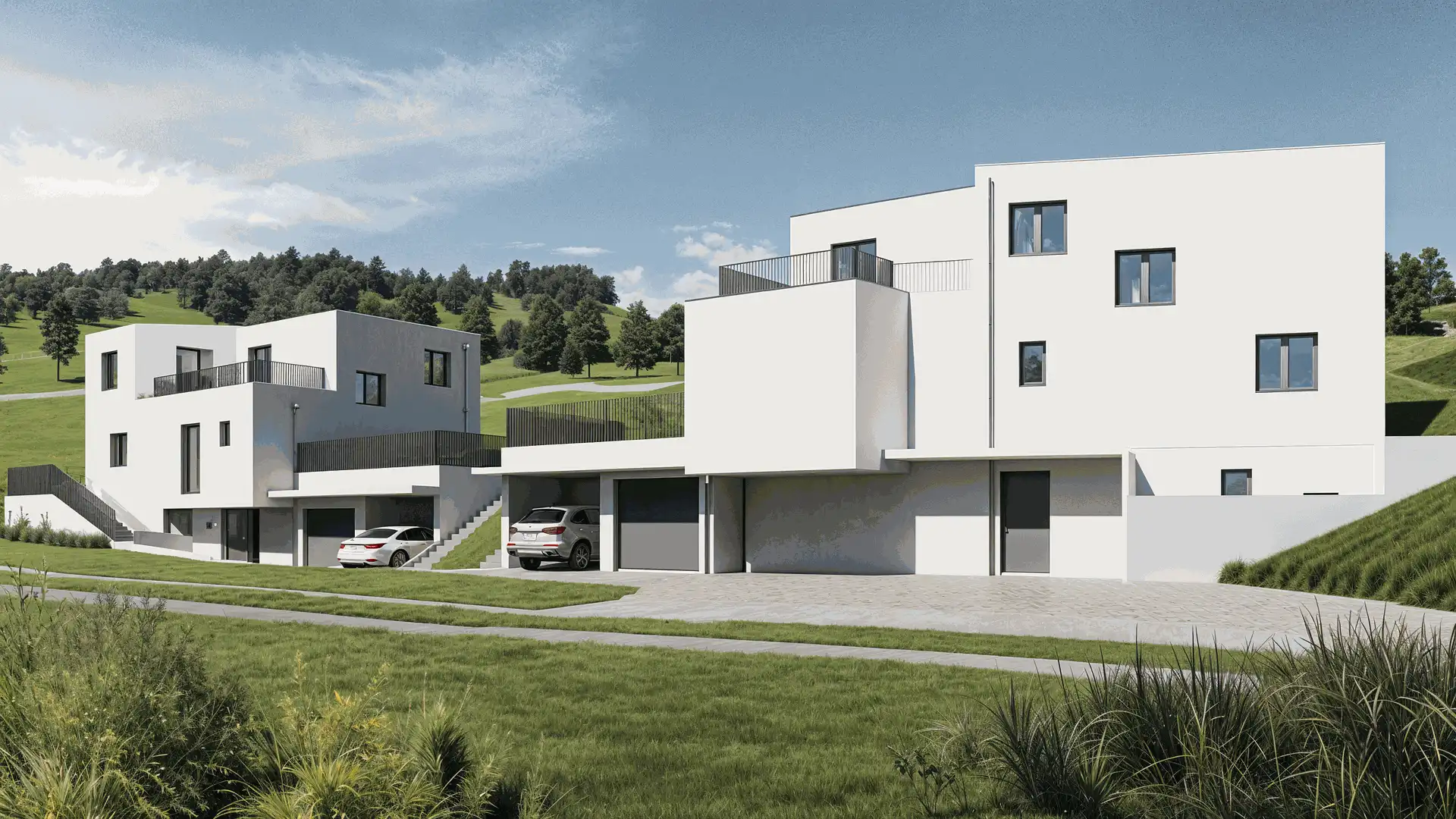 Moderne, mehrstöckige Wohngebäude mit Flachdach und grossen Fensterflächen in hügeliger, grüner Umgebung mit gepflegtem Umschwung und parkierten Fahrzeugen