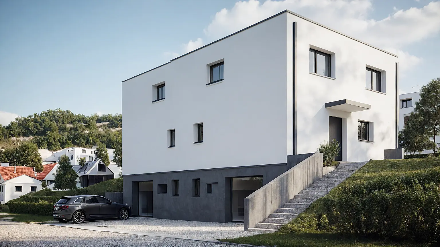 Aussenvisualisierung für moderne Einfamilienhäuser – klare Linien & hochwertige Renderings Rendering eines minimalistischen Einfamilienhauses in kubischer Form auf erhöhter Lage.