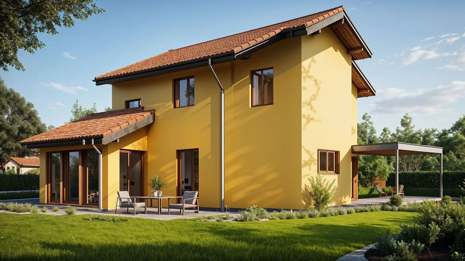 Fotorealistische Aussenvisualisierung für Einfamilienhäuser – detailgetreu & CI-konform Aussenvisualisierung eines Einfamilienhauses mit gelber Fassade, Satteldach und Gartenbereich.