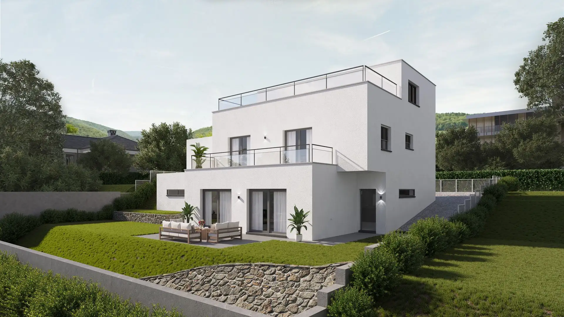 Aussenvisualisierung für Premium-Wohnhäuser – fotorealistische Architektur-Renderings Rendering eines modernen Einfamilienhauses mit mehreren Ebenen, Terrassen und Gartenanlage.