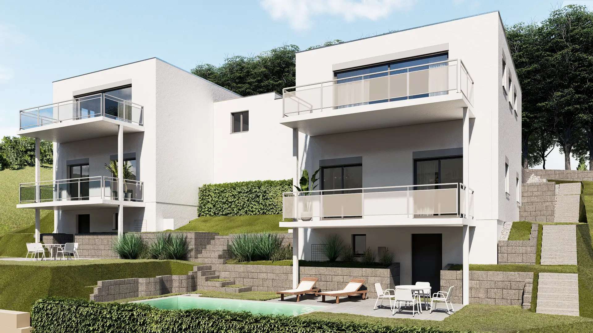 Aussenvisualisierung für moderne Wohnarchitektur – realistisch & CI-konform Fotorealistische Aussenvisualisierung eines Wohnhauses mit minimalistischer Architektur und Garten.