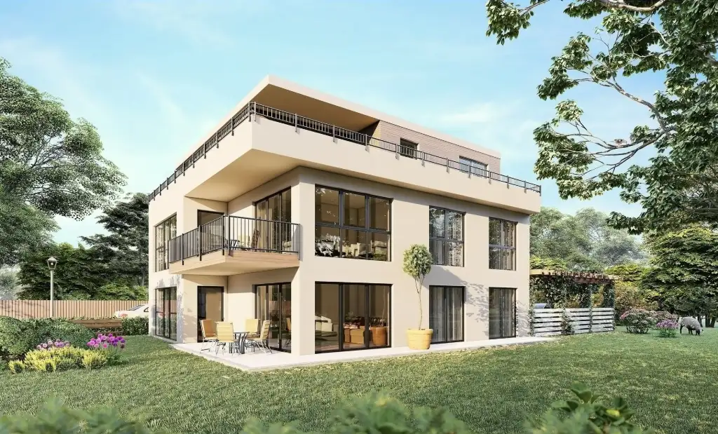 Pünktliche Lieferung Ihrer Visualisierung – bereit für Ihre Kundenpräsentation Finale 3D-Visualisierung eines modernen Hauses mit Garten