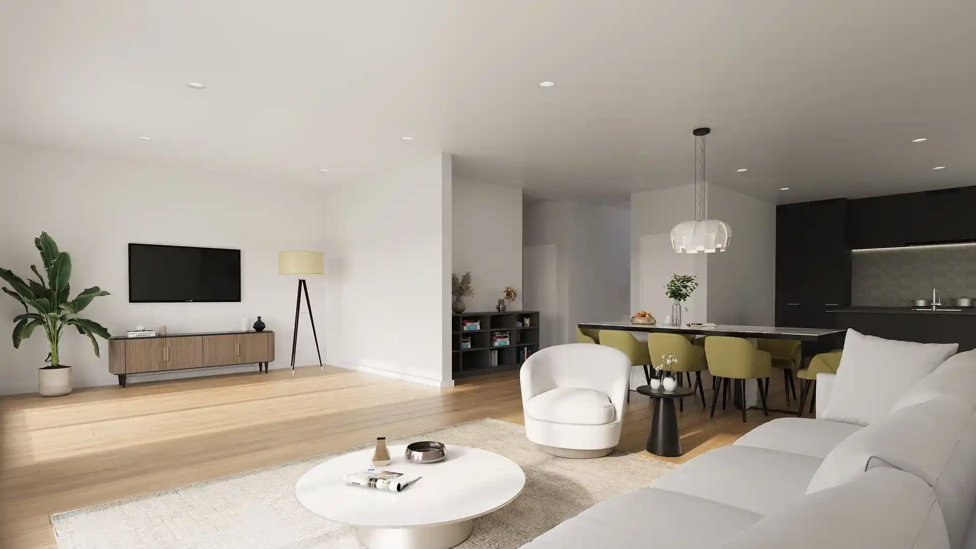 Wohnzimmer mit Sofa, Couchtisch und Fernseher