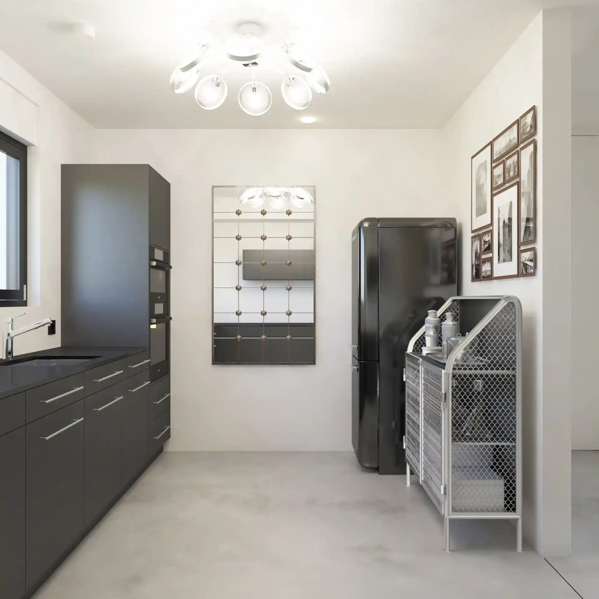 Hauswirtschaftsraum mit Waschmaschine, Trockner und Stauraum