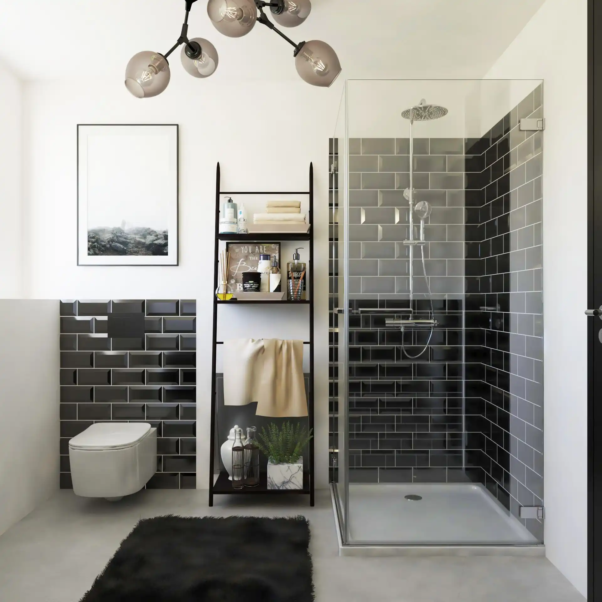 Modernes Gäste-WC mit schwarzem Fliesenspiegel und Dusche