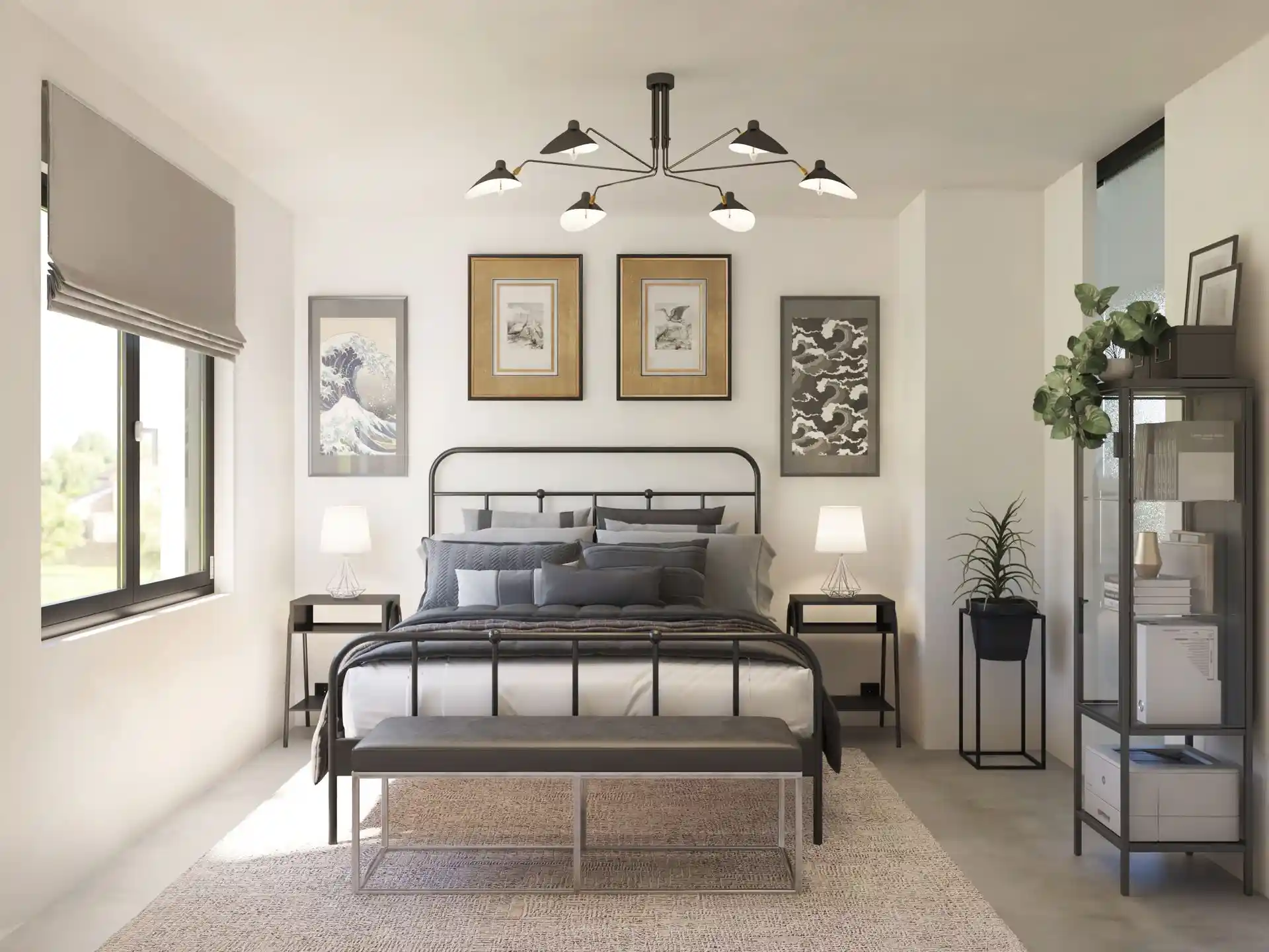 Helles Schlafzimmer mit Kunstbildern und Pflanzen