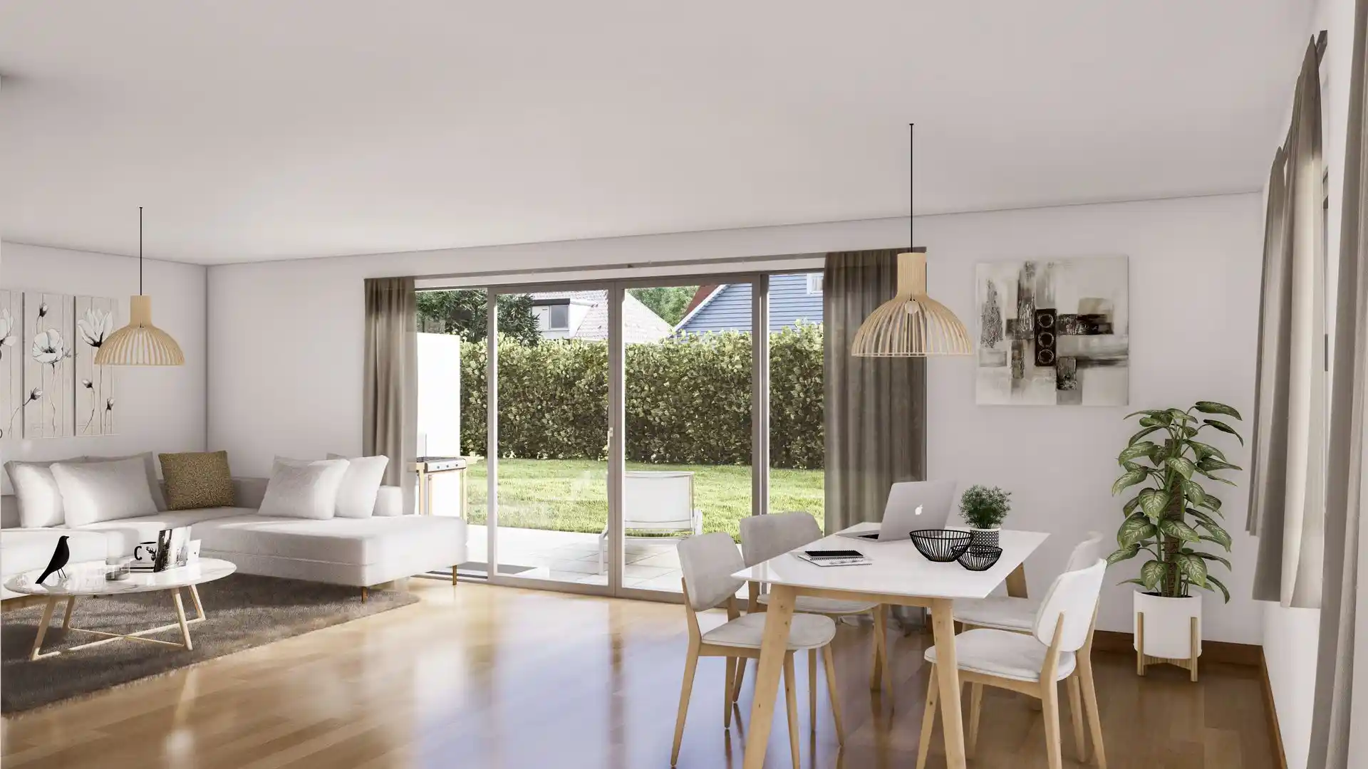 Wohnzimmer mit offenem Essbereich und Zugang zum Garten