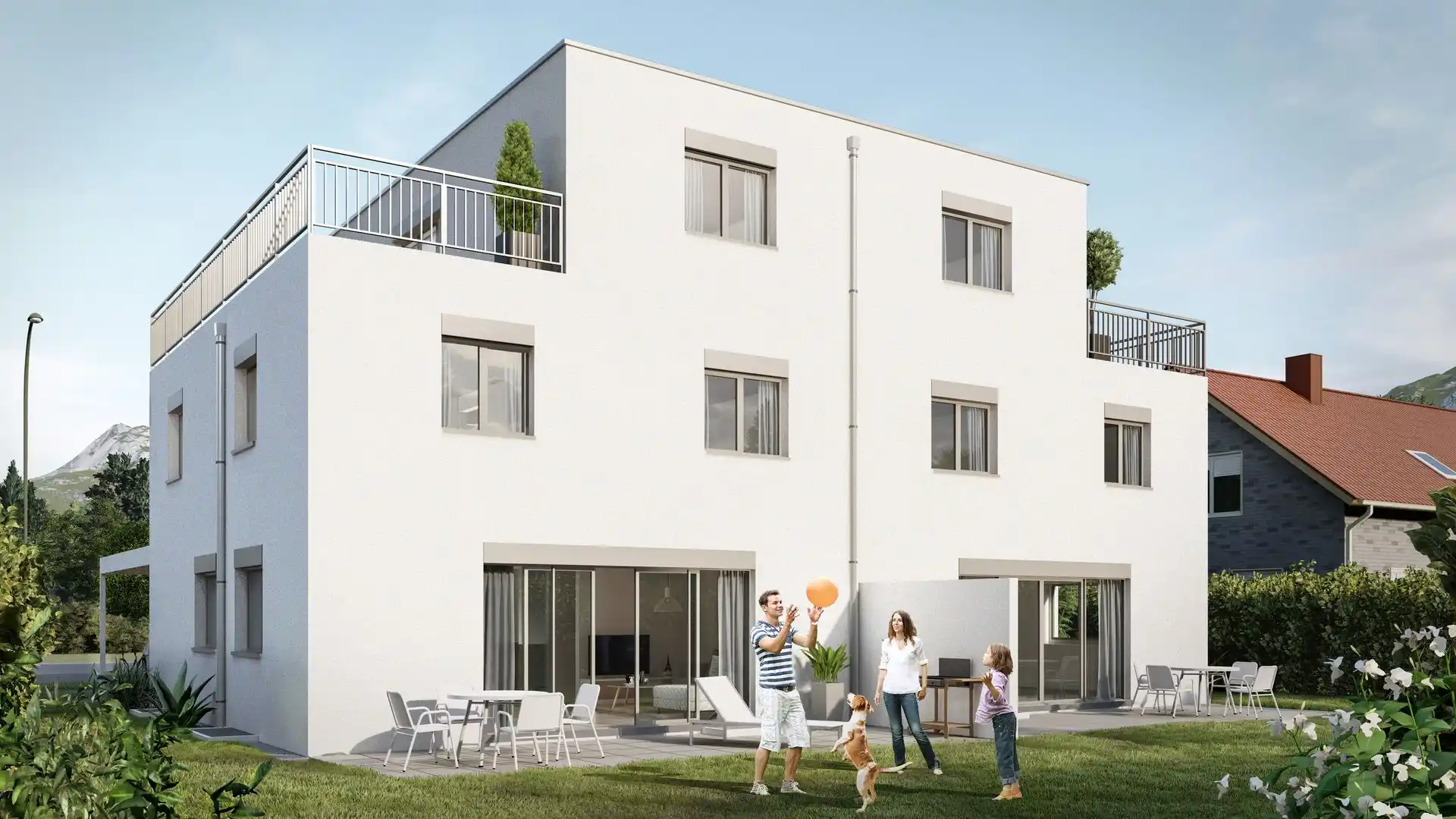 Visualisierung eines Doppelhauses mit Balkon und Gartenfläche