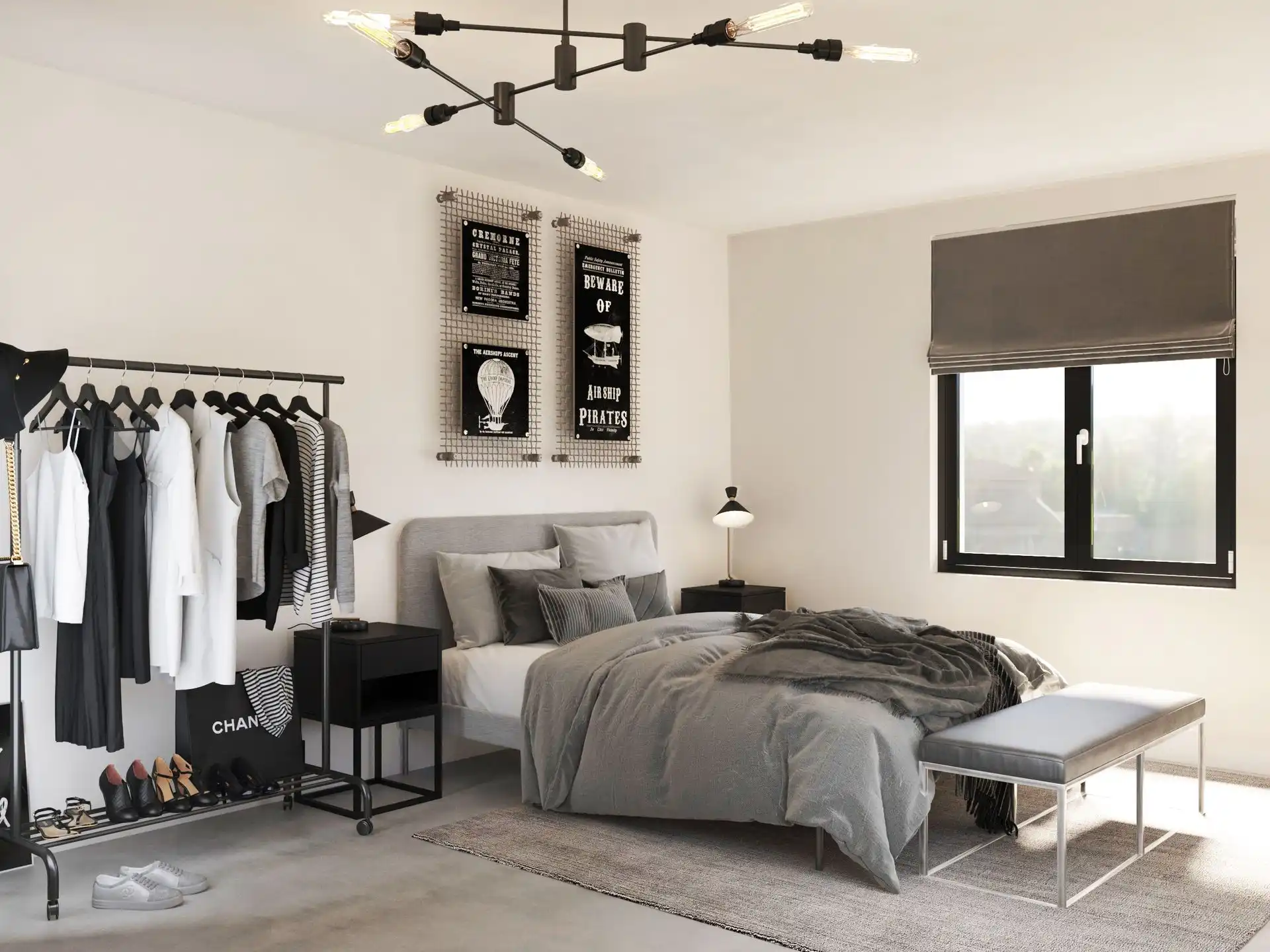 Schlafzimmer mit Ankleidebereich und Dekowand