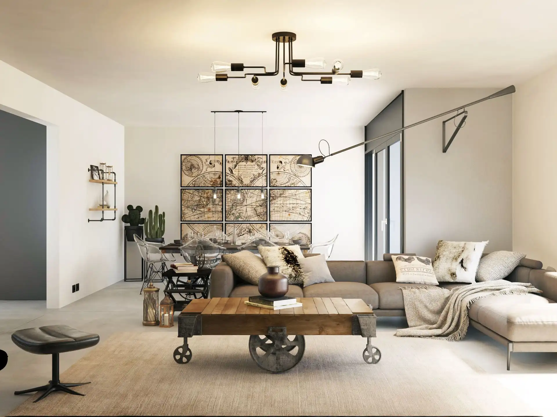 Offenes Wohnzimmer mit Treppe und Industrial-Möbeln