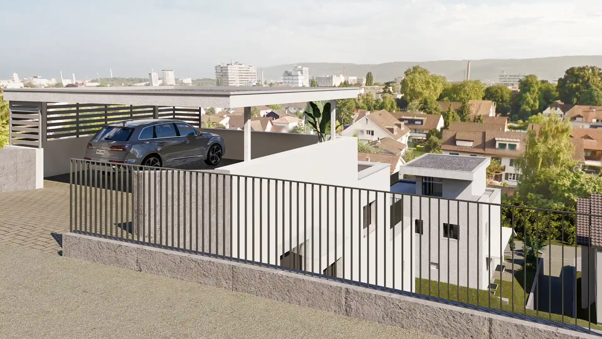 Panoramablick über Stadt und Containerhaus