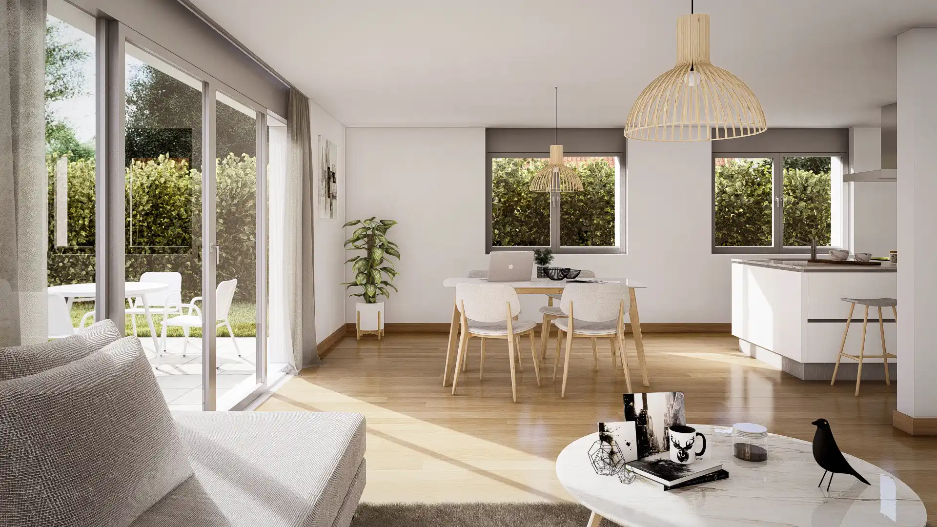Modernes Wohnzimmer mit grossen Fenstern, hellen Möbeln und Pflanzen – Beispiel für 3D-Innenraumvisualisierung