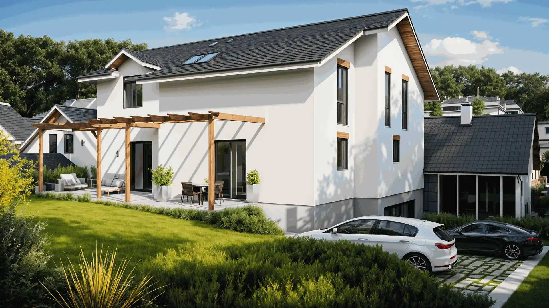 Zeitgenössische Hausfassade mit großen Glasflächen und mehreren Ebenen – fotorealistische Aussenvisualisierung