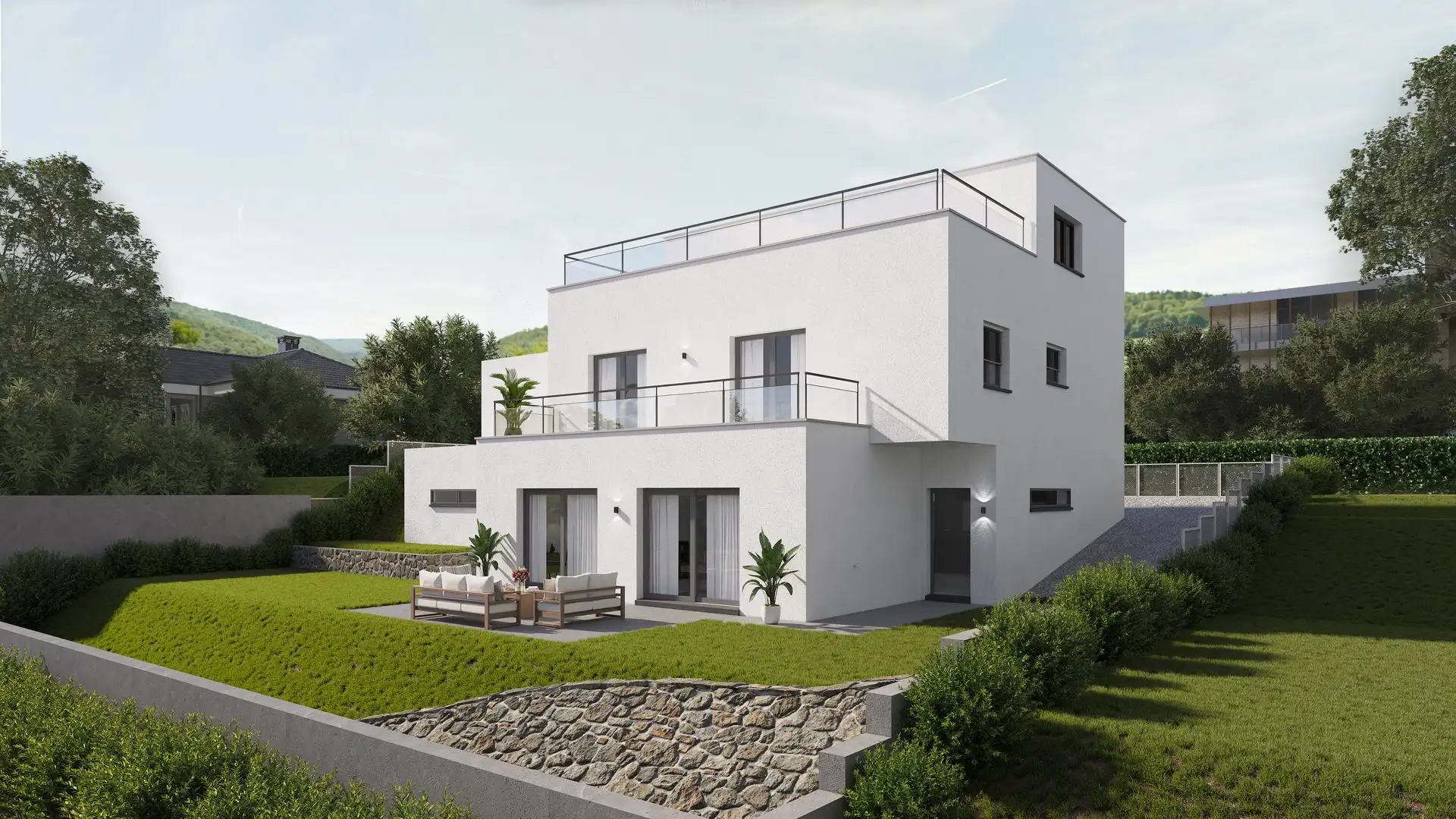 Visualisierung eines Mehrfamilienhauses mit Flachdach, Terrasse und moderner Gestaltung