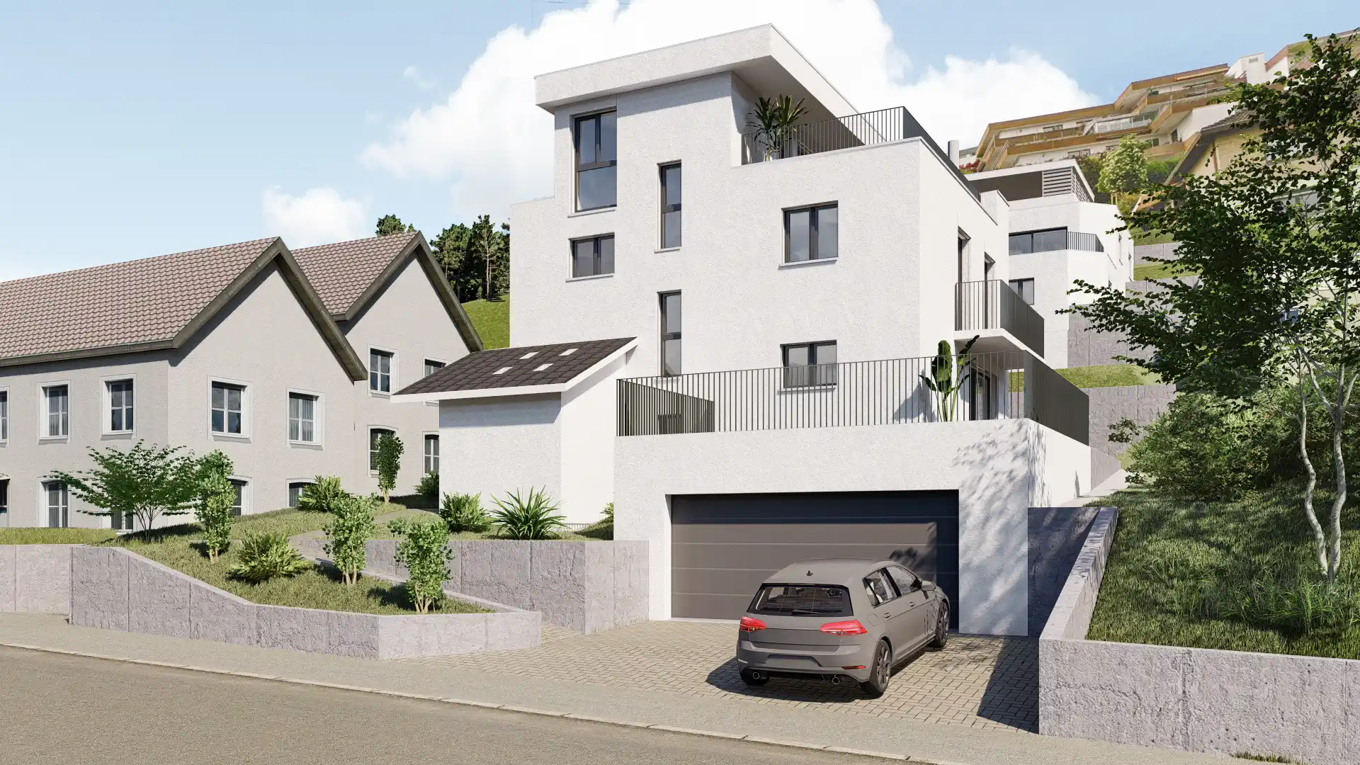 Visualisierung eines modernen Mehrfamilienhauses mit Tiefgarage in Hanglage