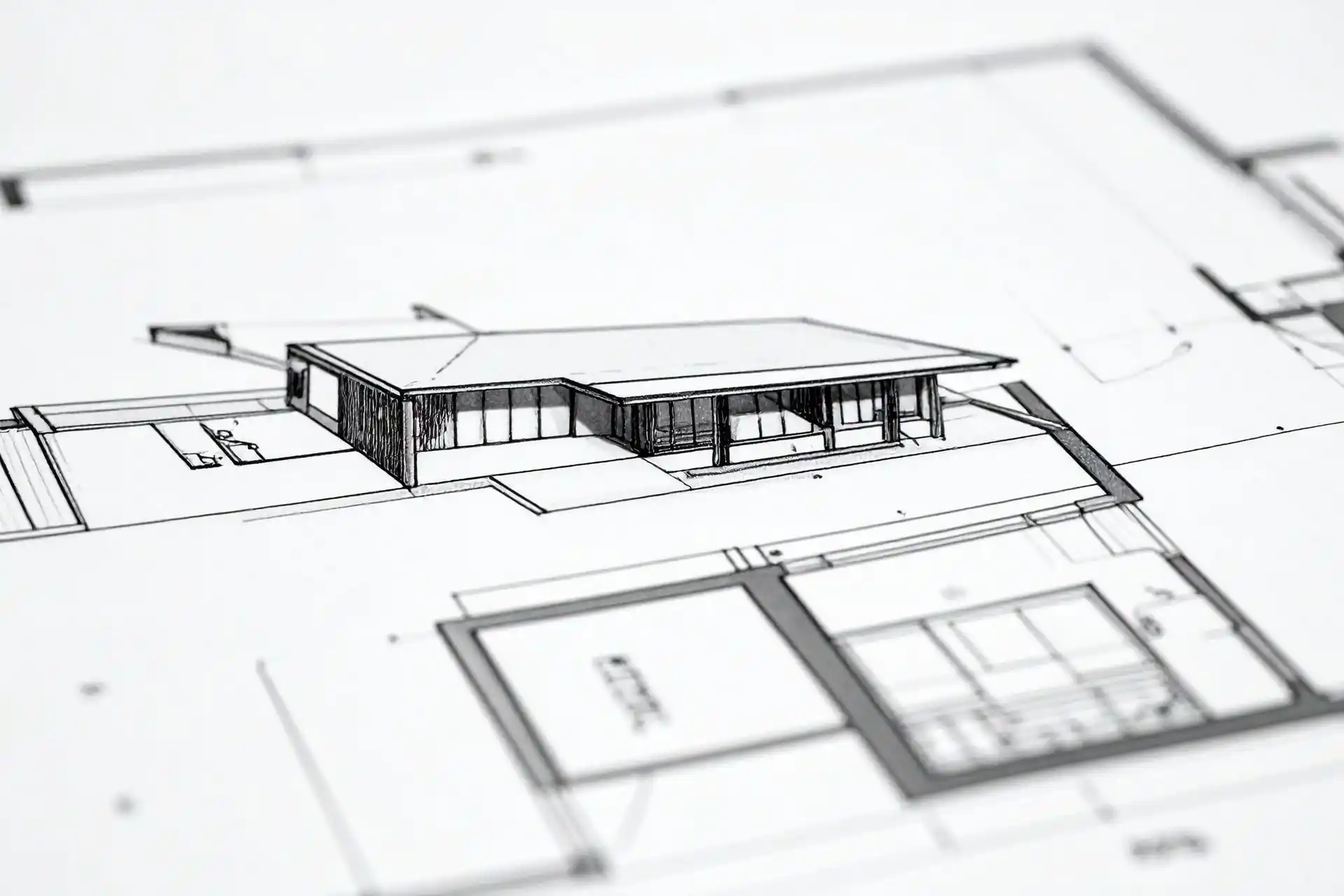 Architektonische Skizze eines modernen Hauses auf Bauplan