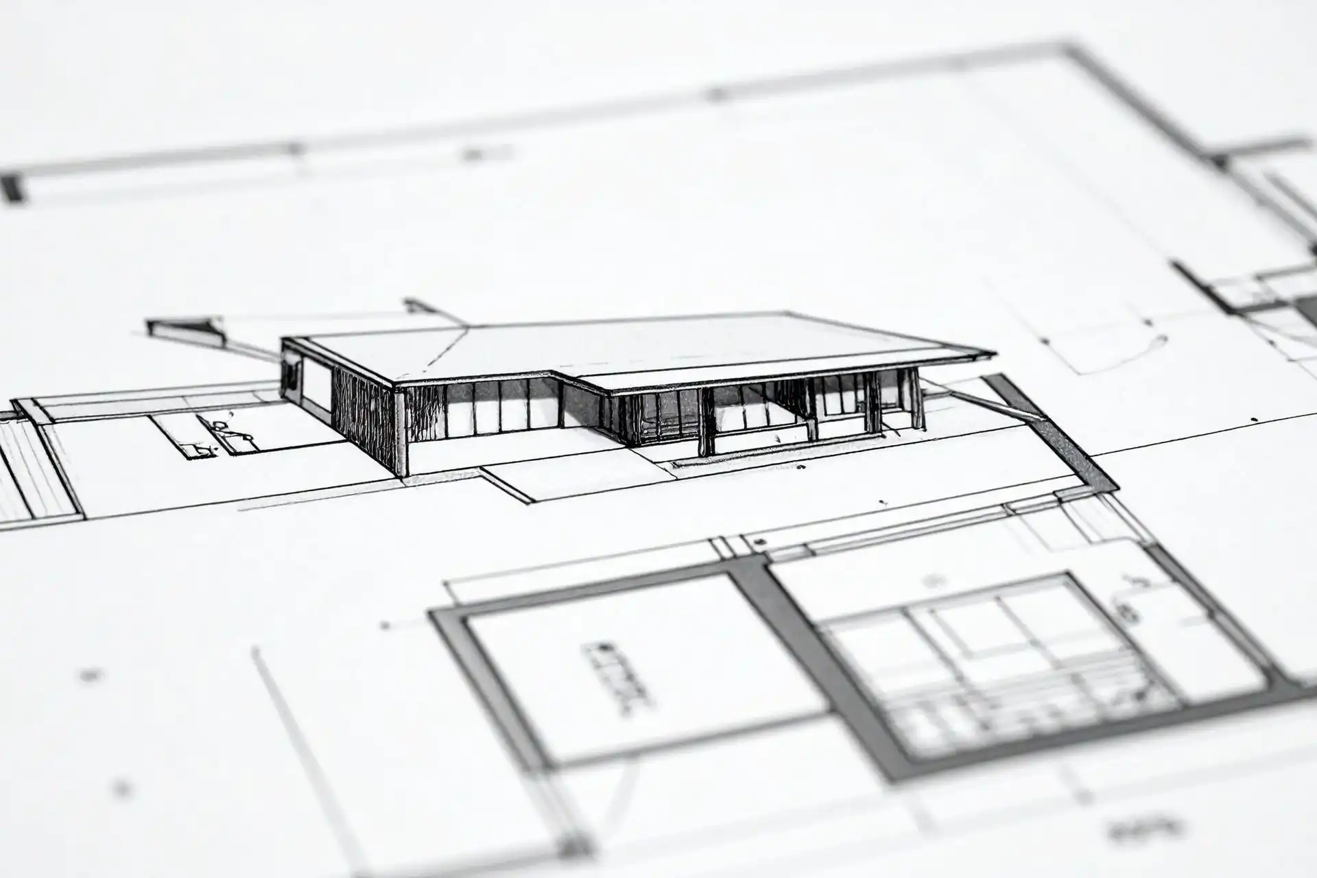 Architektonische Zeichnung mit perspektivischem Hausentwurf