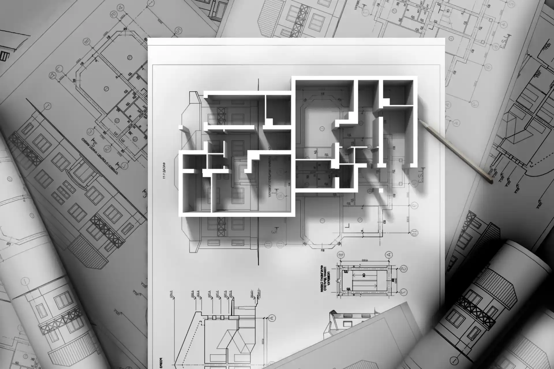 Grundrissvisualisierung eines modernen Apartments mit zwei Schlafzimmern, Wohnzimmer, Küche und Badezimmer.