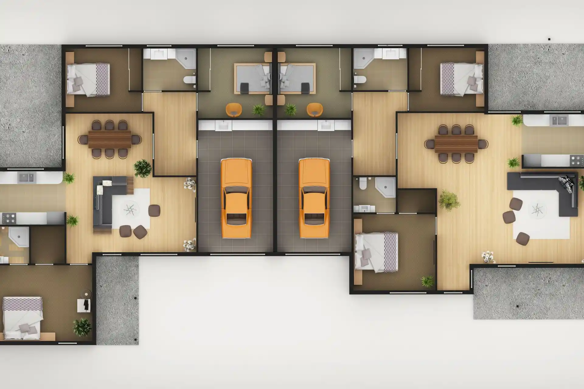 Grundrissmodell auf technischen Bauzeichnungen mit Masslinien