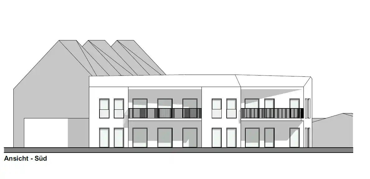 Architektonische Südansicht eines Wohngebäudes mit Balkonen