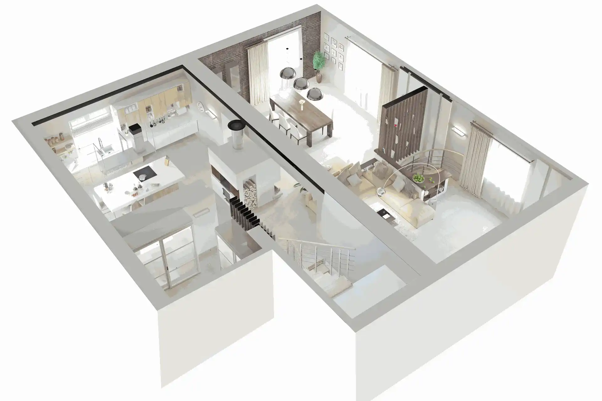 3D-Visualisierung einer hellen Wohnung mit Küche, Ess- und Wohnbereich
