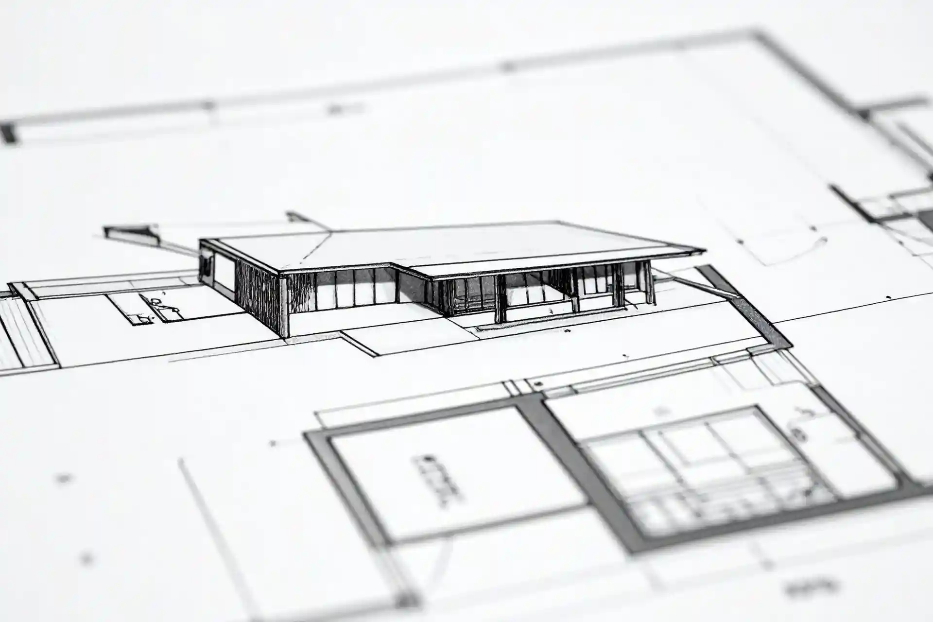 Technische Bauzeichnung mit perspektivischem Hausmodell