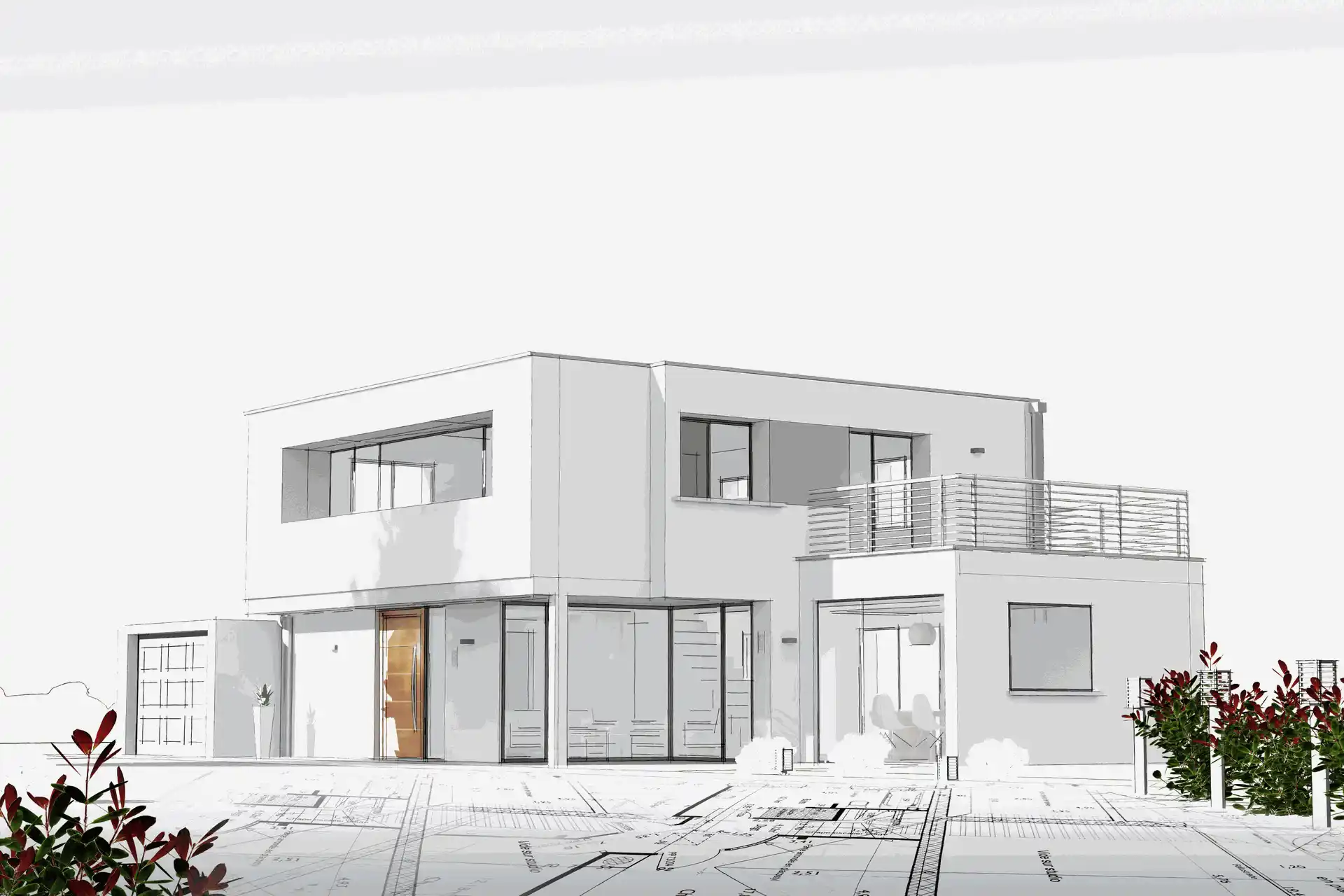 Architektonische Visualisierung eines modernen zweigeschossigen Hauses