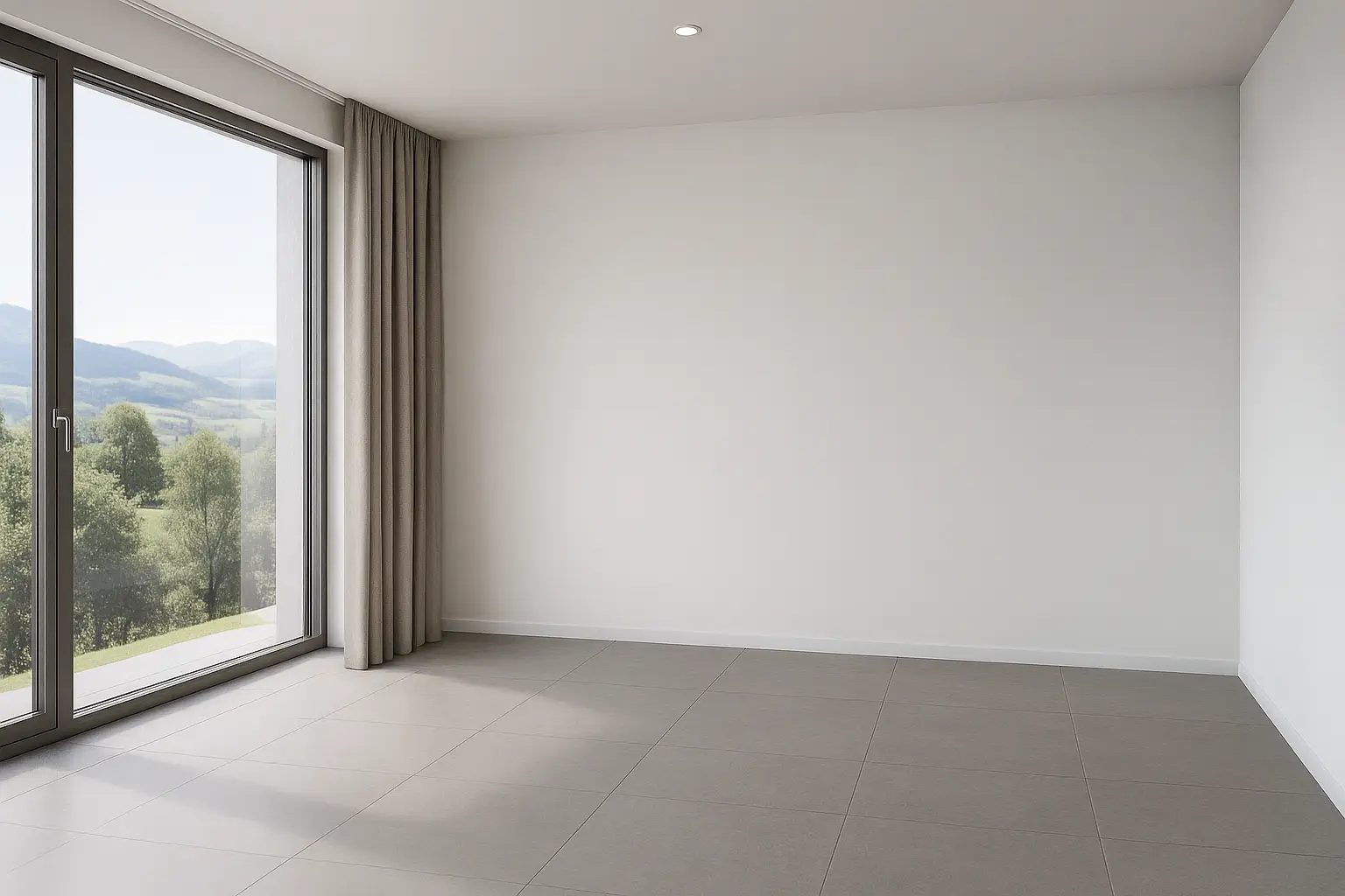 Leeres Wohnzimmer oder Büro mit grossen Fenstern und Bergblick, bereit für Virtual Staging.